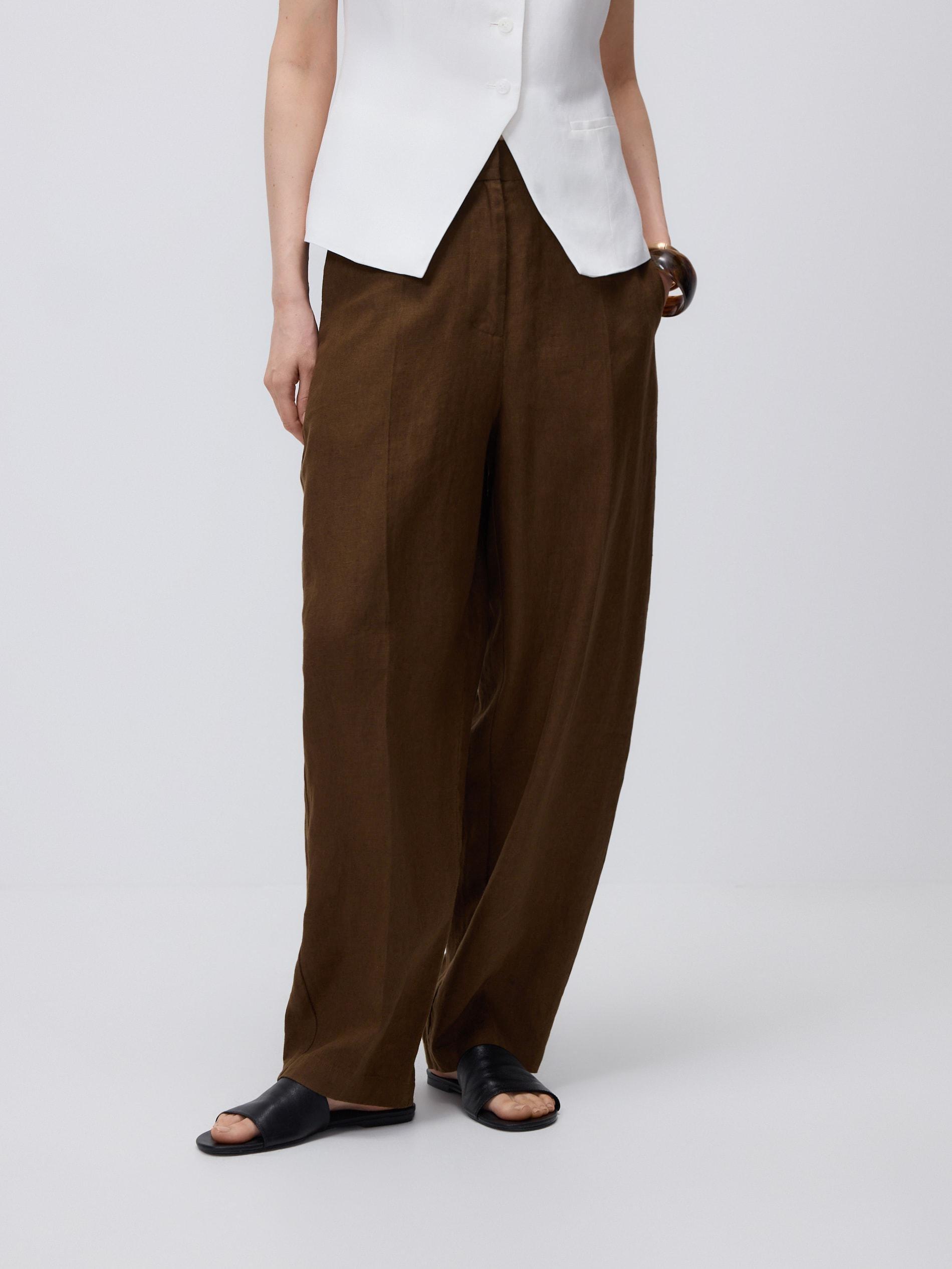 Brown Linen Barrel Leg Trousers, Brown, large image number 2