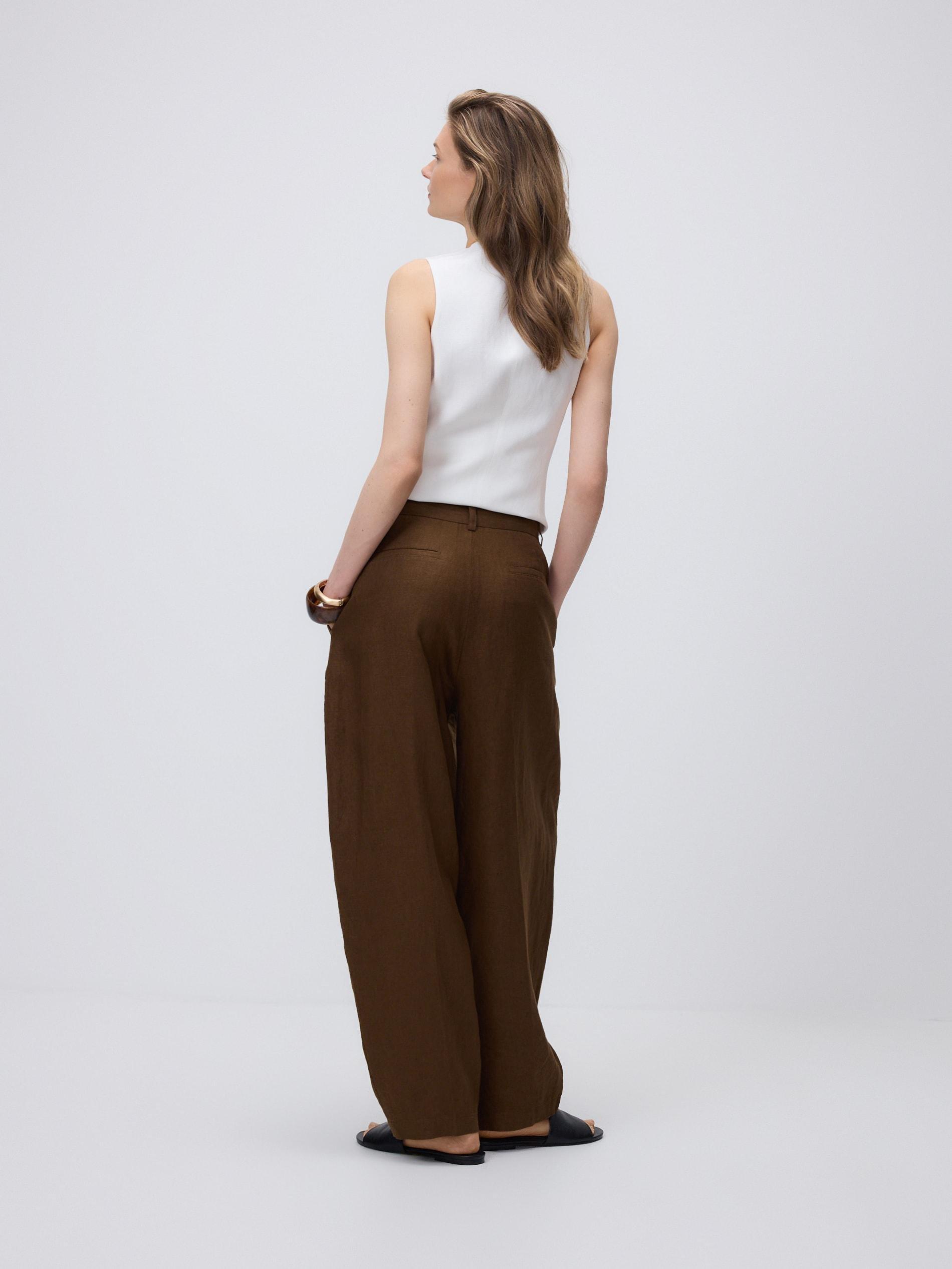 Brown Linen Barrel Leg Trousers, Brown, large image number 3