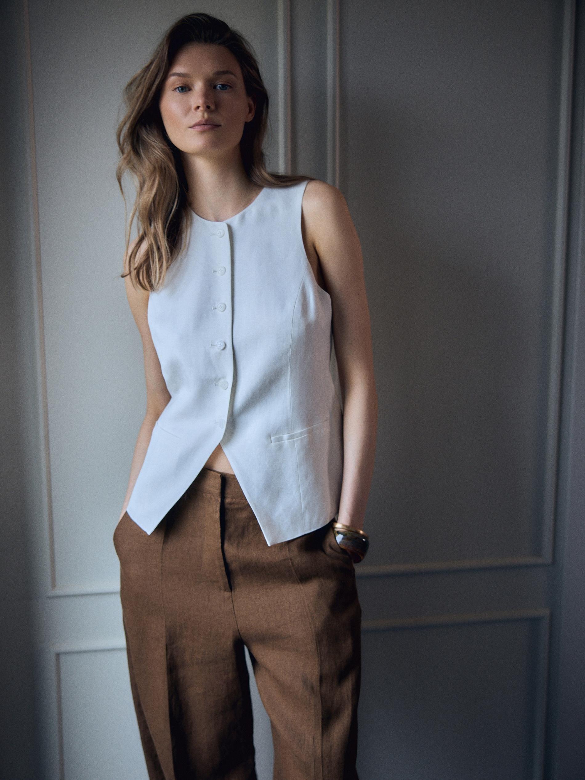 Brown Linen Barrel Leg Trousers, Brown, large image number 4