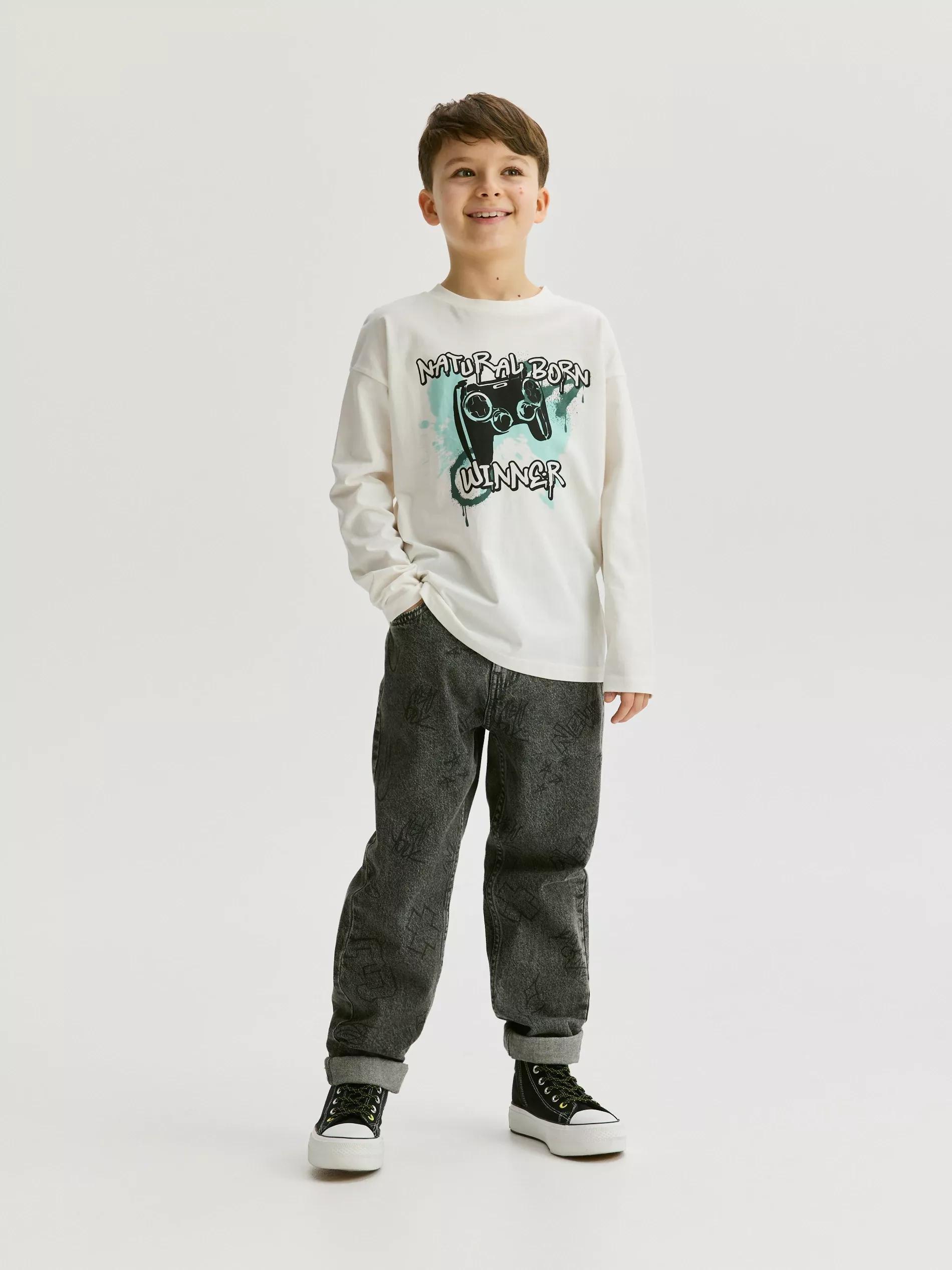 Cream Long-Sleeved Cotton T-Shirt, Ivory, large image number 4