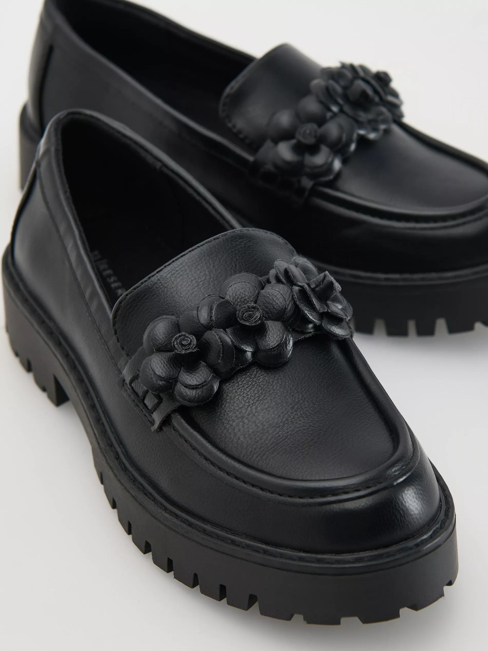 Black Faux Leather Loafers, Kids Girls, , large image number 0