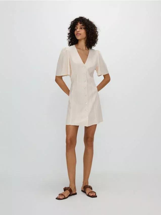 Beige V-Neck Mini Dress, , large image number 0
