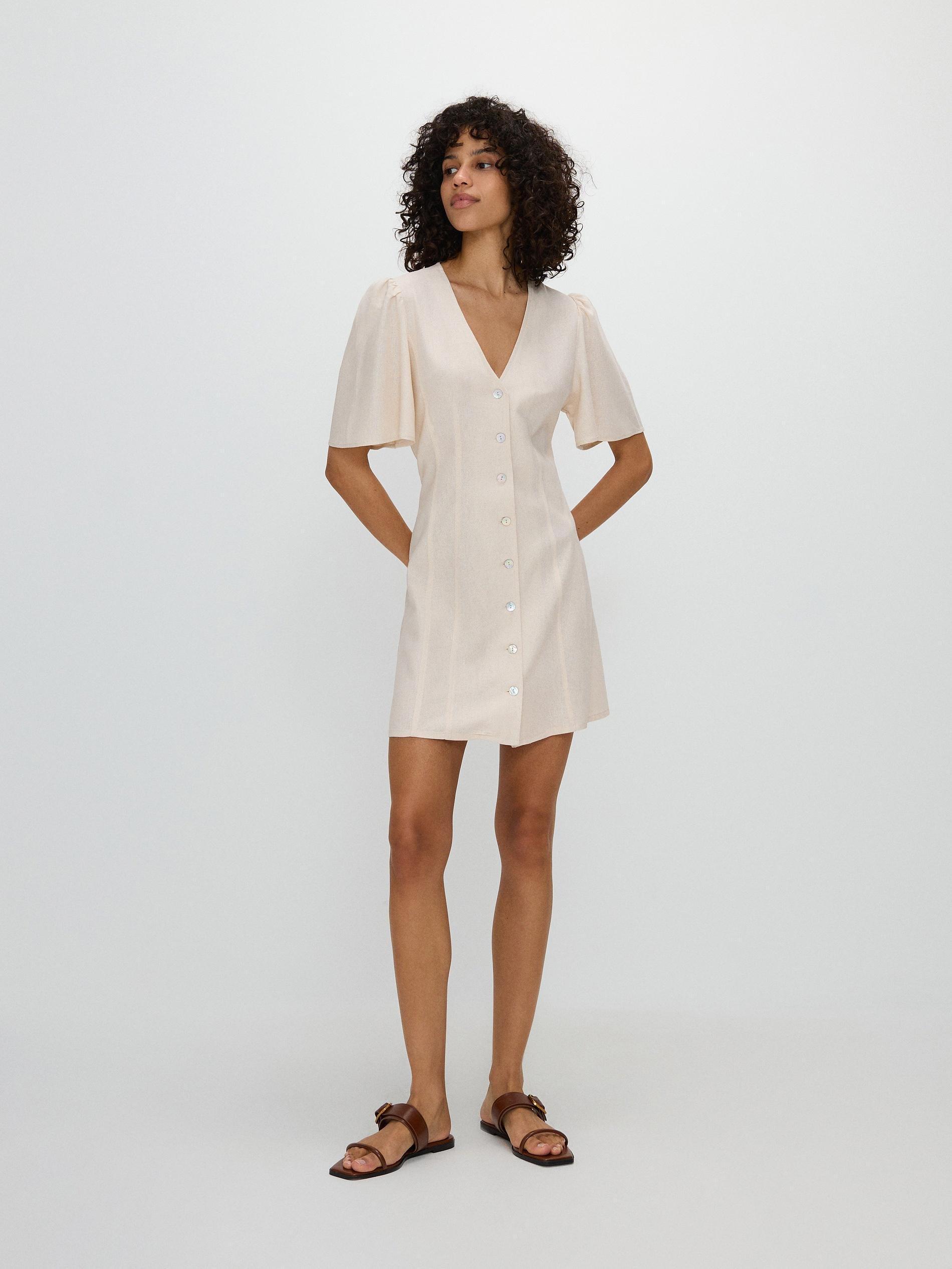 Beige V-Neck Mini Dress, , large image number 1