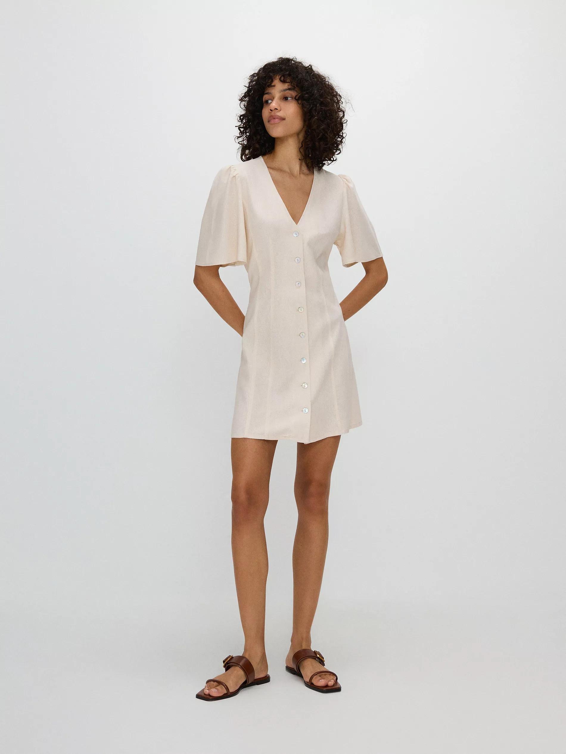 Beige V-Neck Mini Dress, , large image number 2