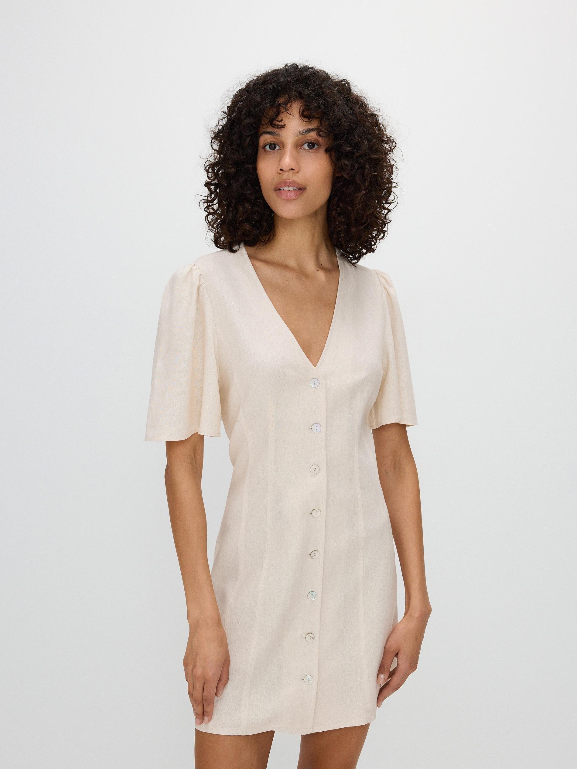 Beige V-Neck Mini Dress, , large image number 3