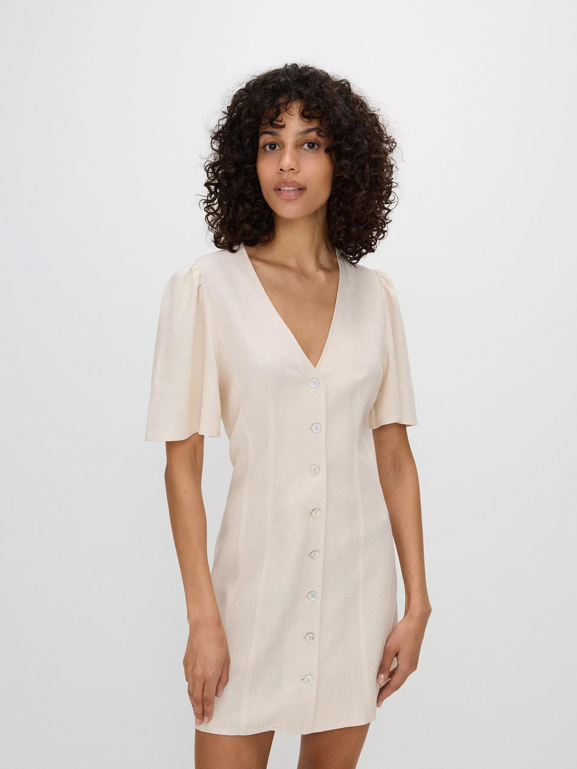 Beige V-Neck Mini Dress, , large image number 4