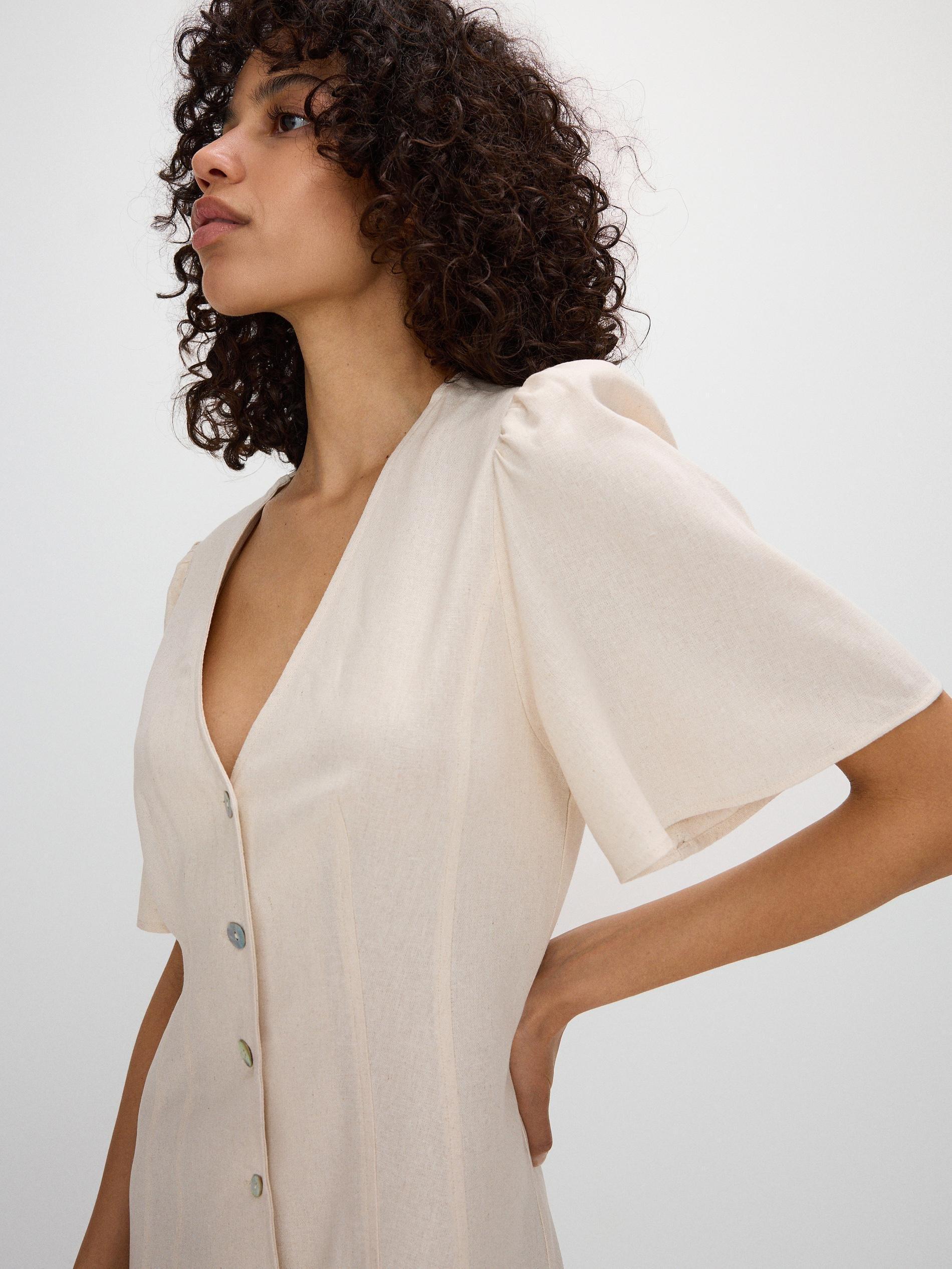 Beige V-Neck Mini Dress, , large image number 5