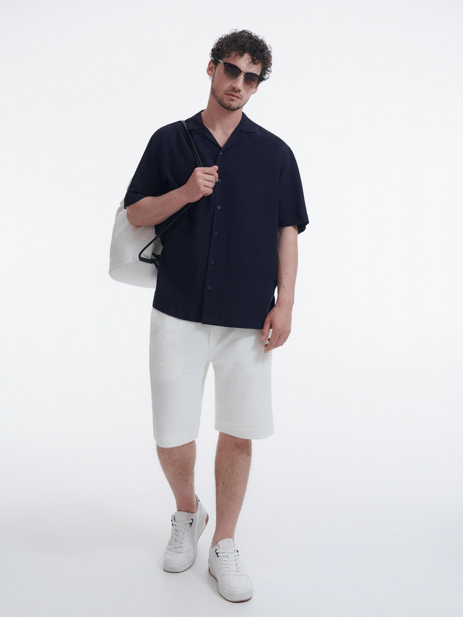 Navy Viscose Rich Shirt With Linen Blend, , large image number 1