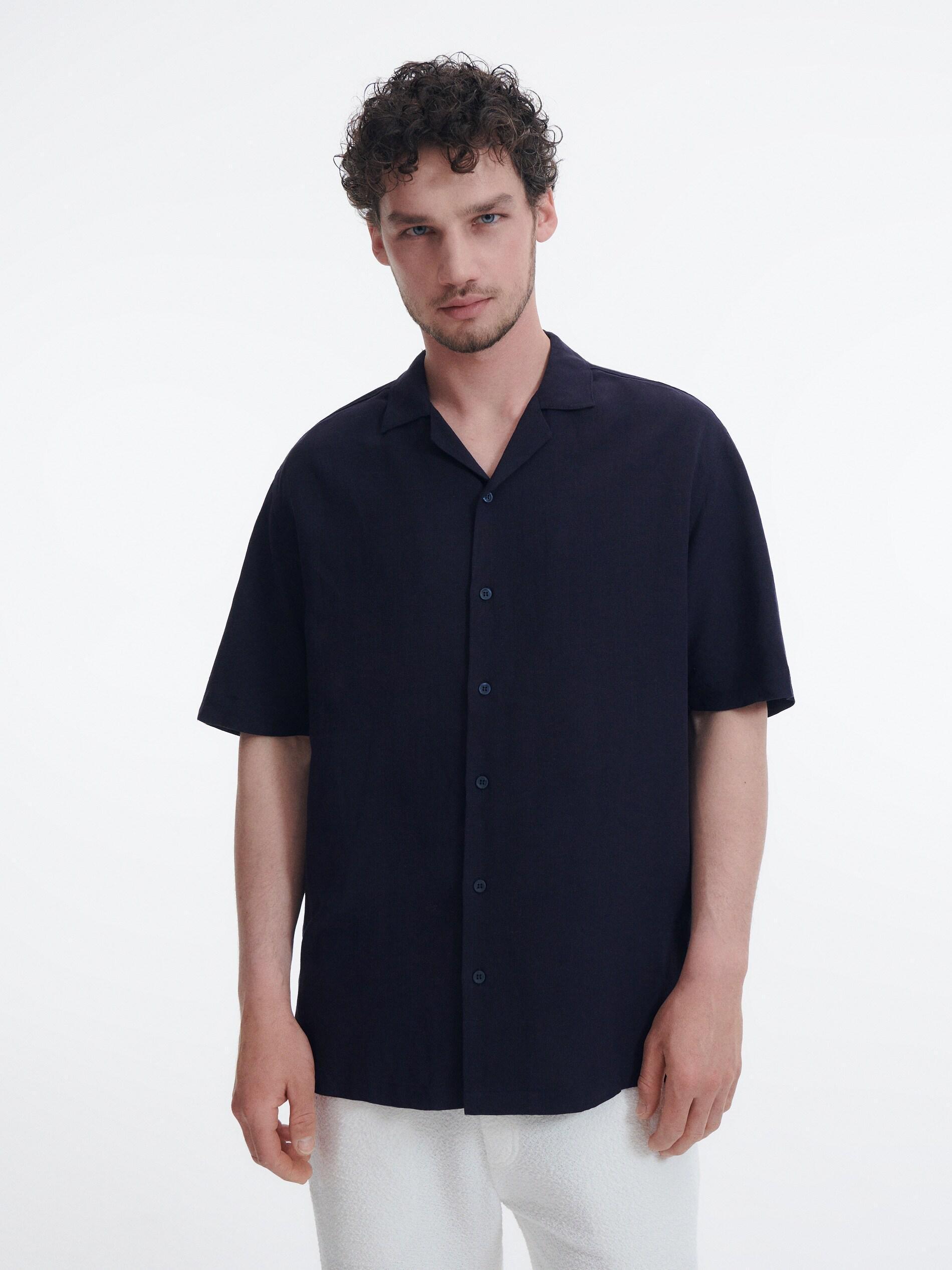 Navy Viscose Rich Shirt With Linen Blend, , large image number 2