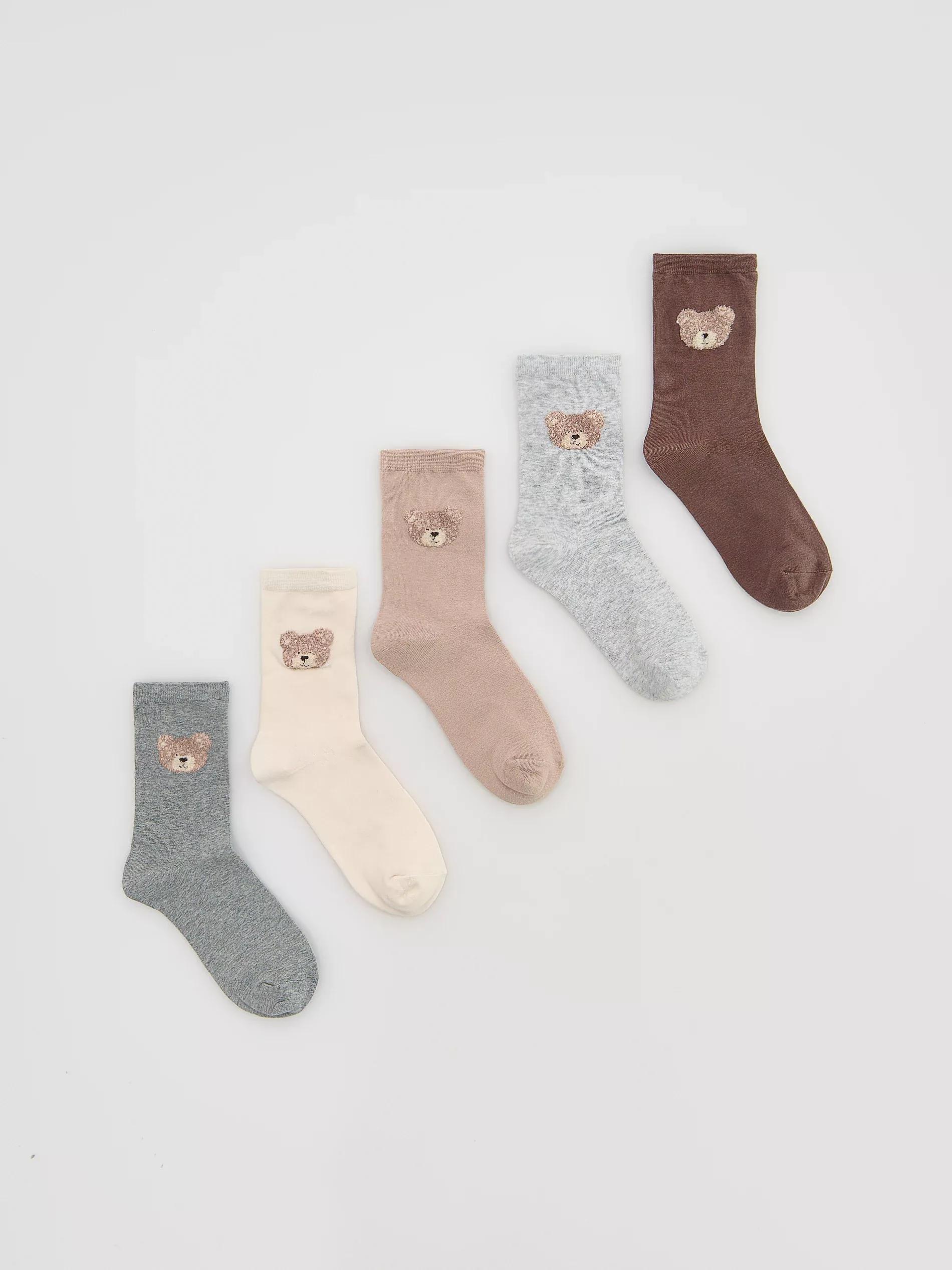 White Cotton Long Socks, Set Of 5, Ivory, medium