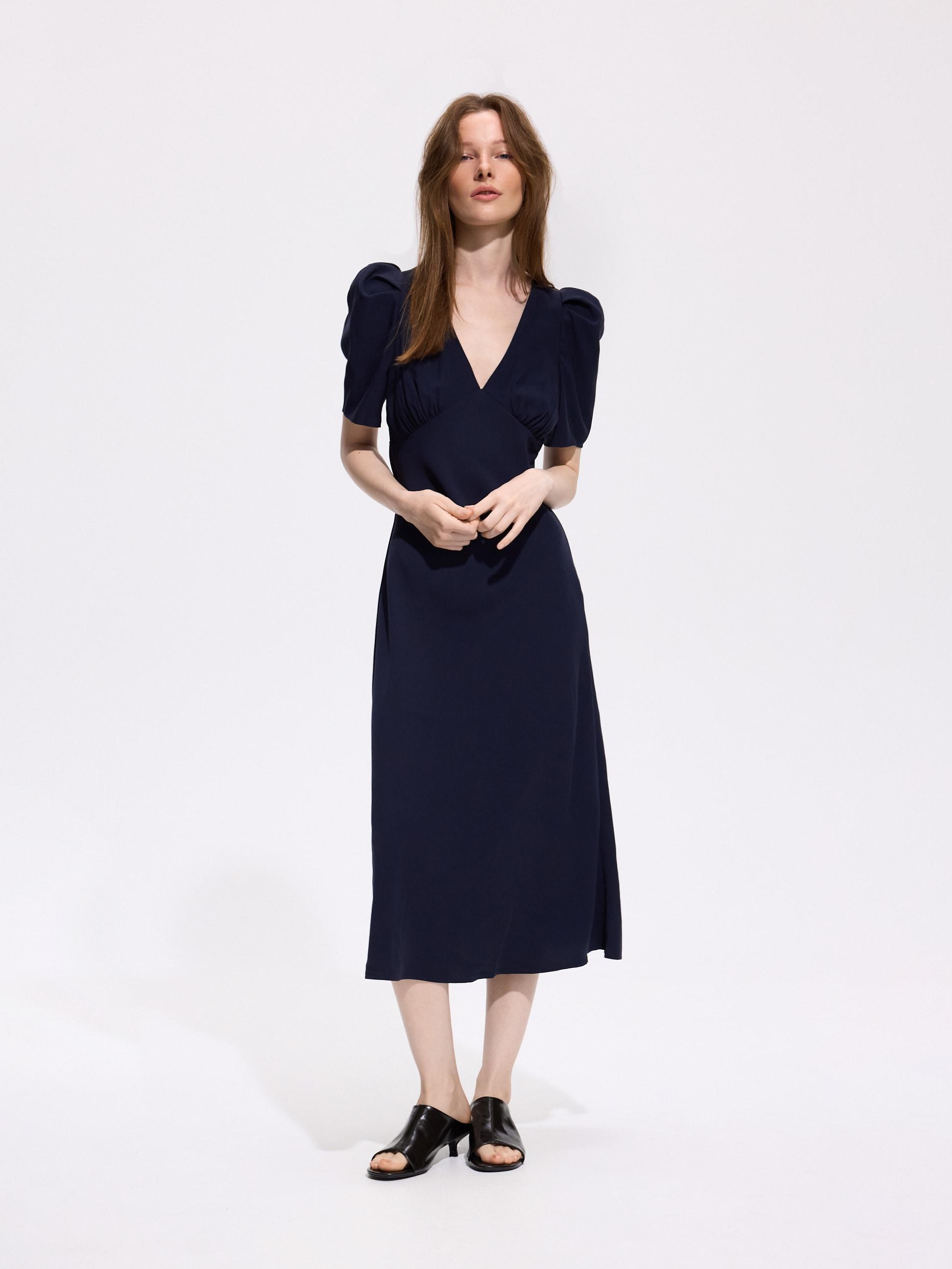 Navy Viscose Rich Midi Dress, Navy, medium