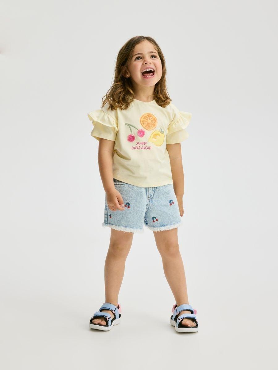 Blue Embroidered Denim Shorts, , medium