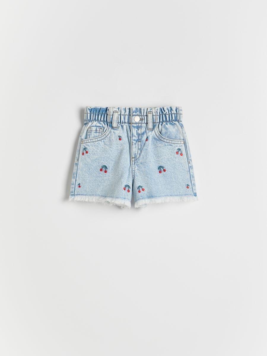 Blue Embroidered Denim Shorts, , large image number 1