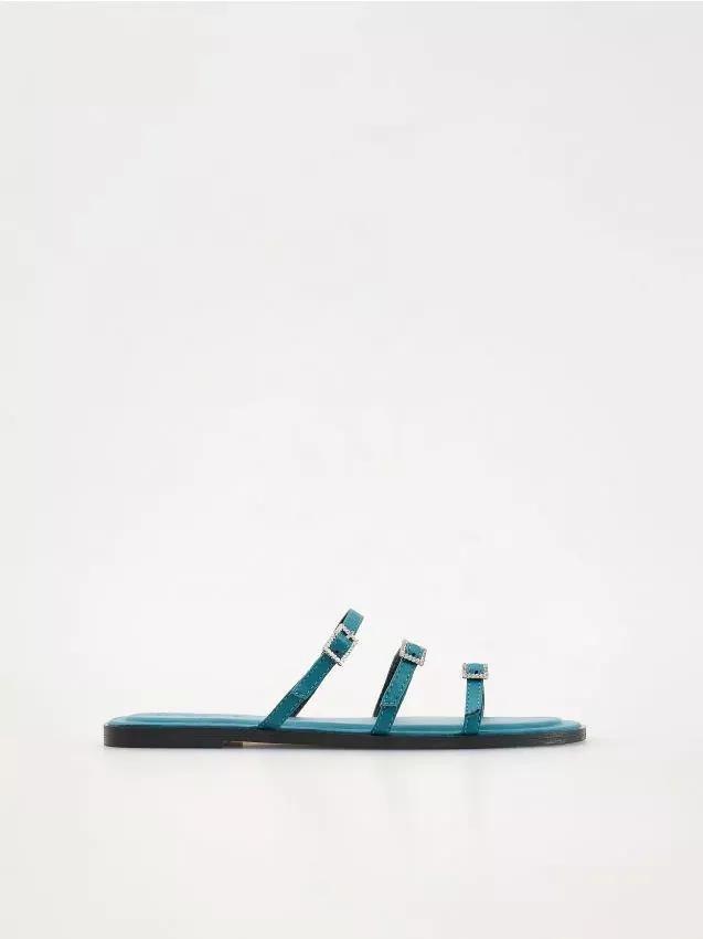 Blue Flat Sole Sandals, Turquoise, large image number 0