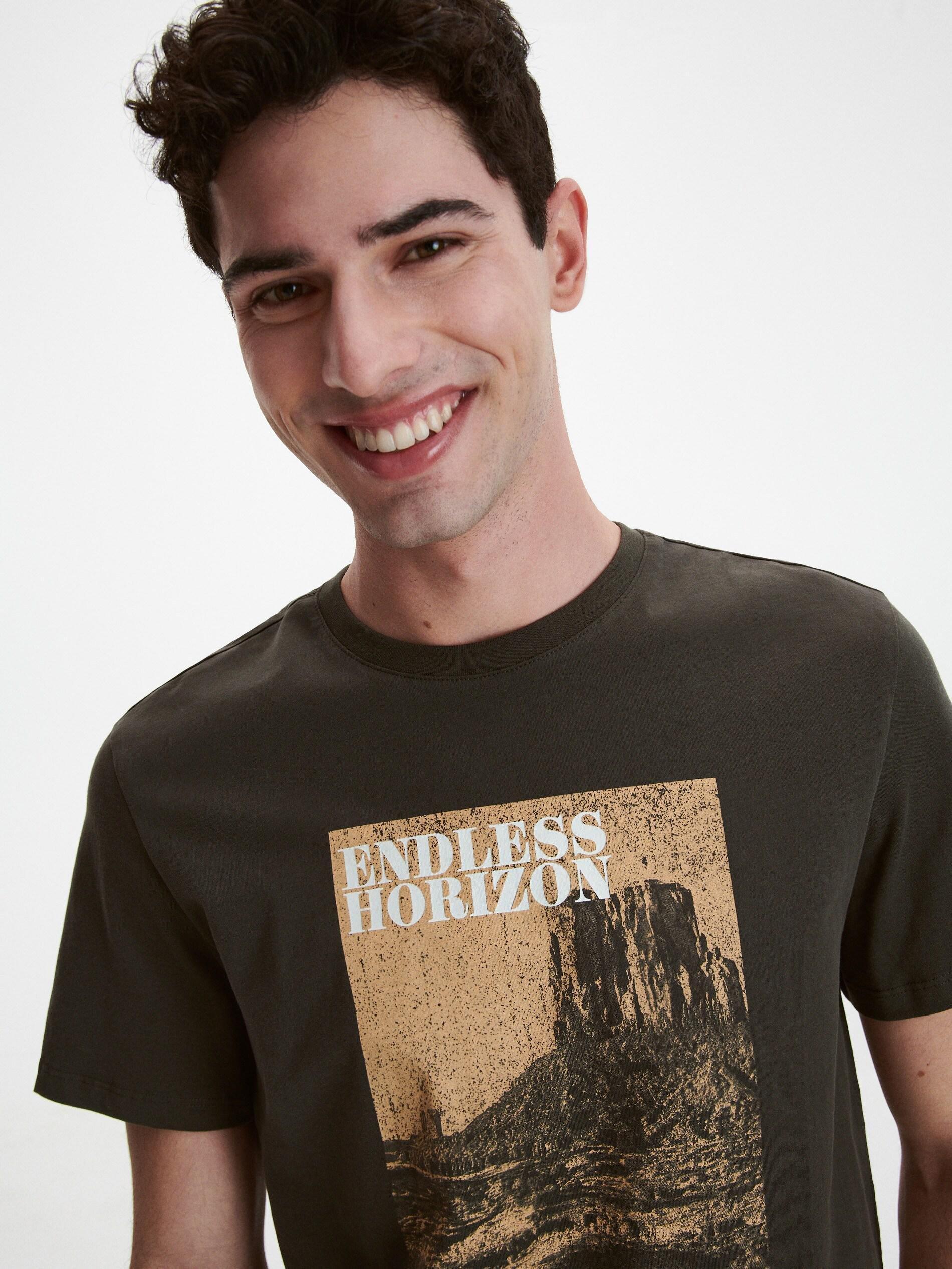 Grey Printed Round Neck Cotton T-Shirt, , large image number 2