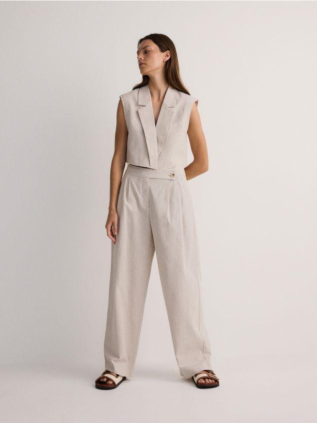 Beige Relaxed Linen Trousers, , large image number 0