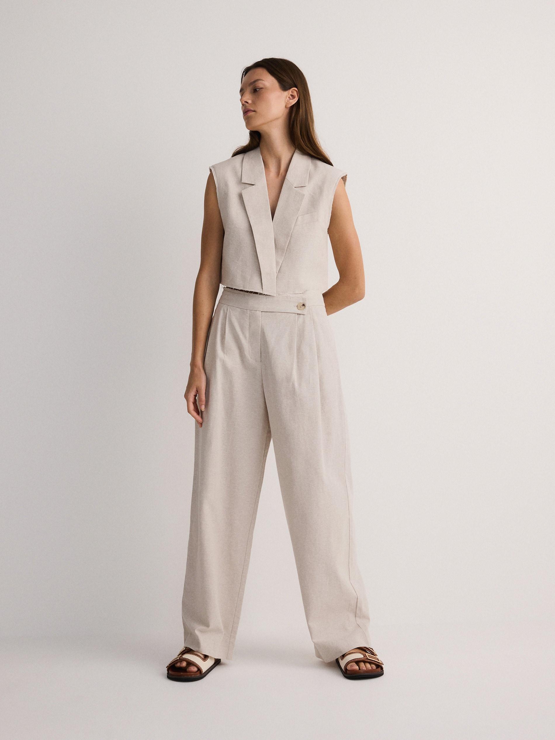 Beige Relaxed Linen Trousers, , large image number 1