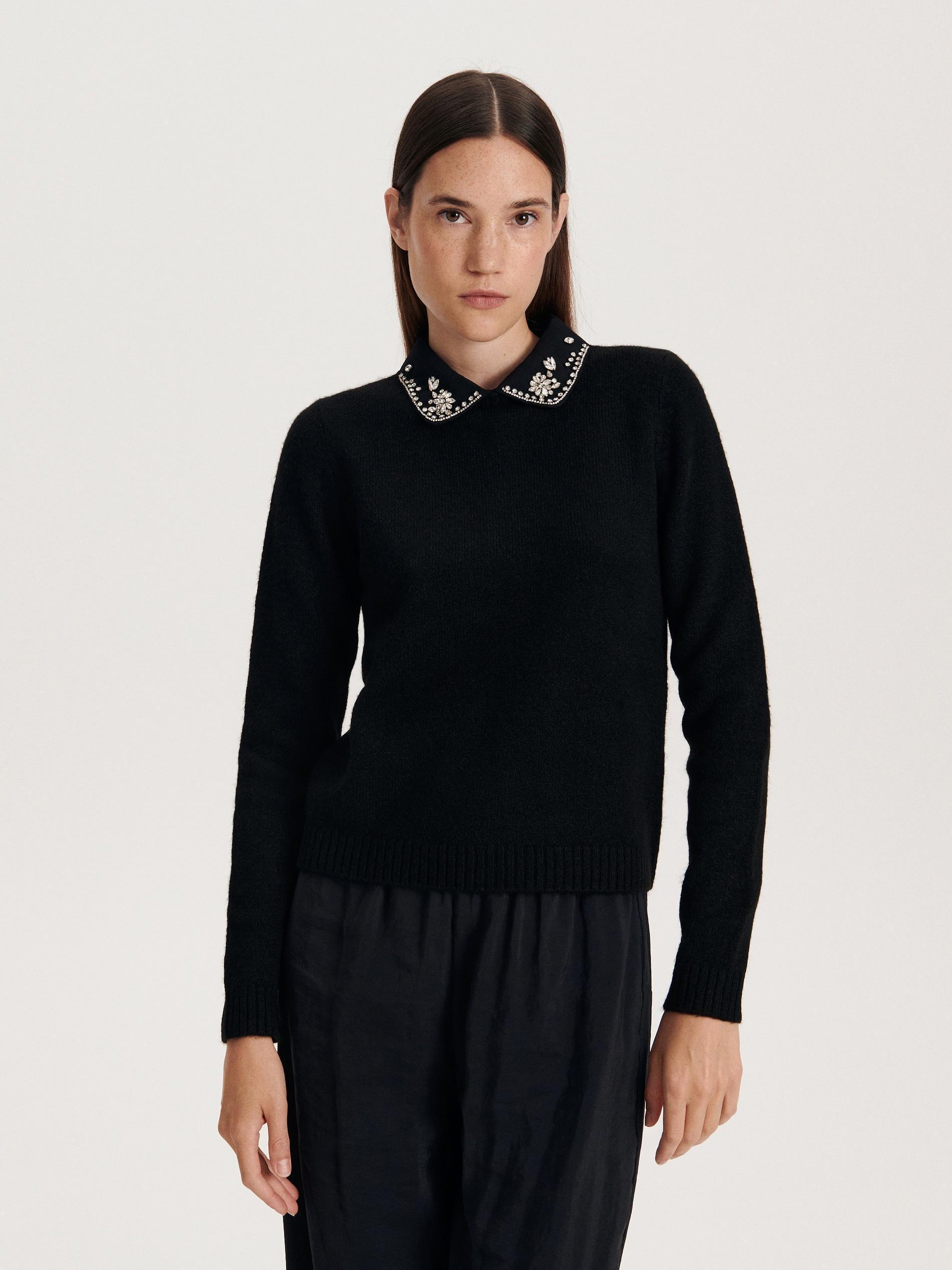 Black Sweater With Decorative Collar, , large image number 0