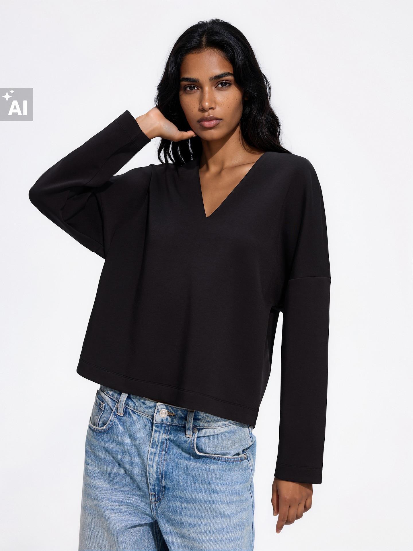 Black V Neck Sweatshirt, Black, medium