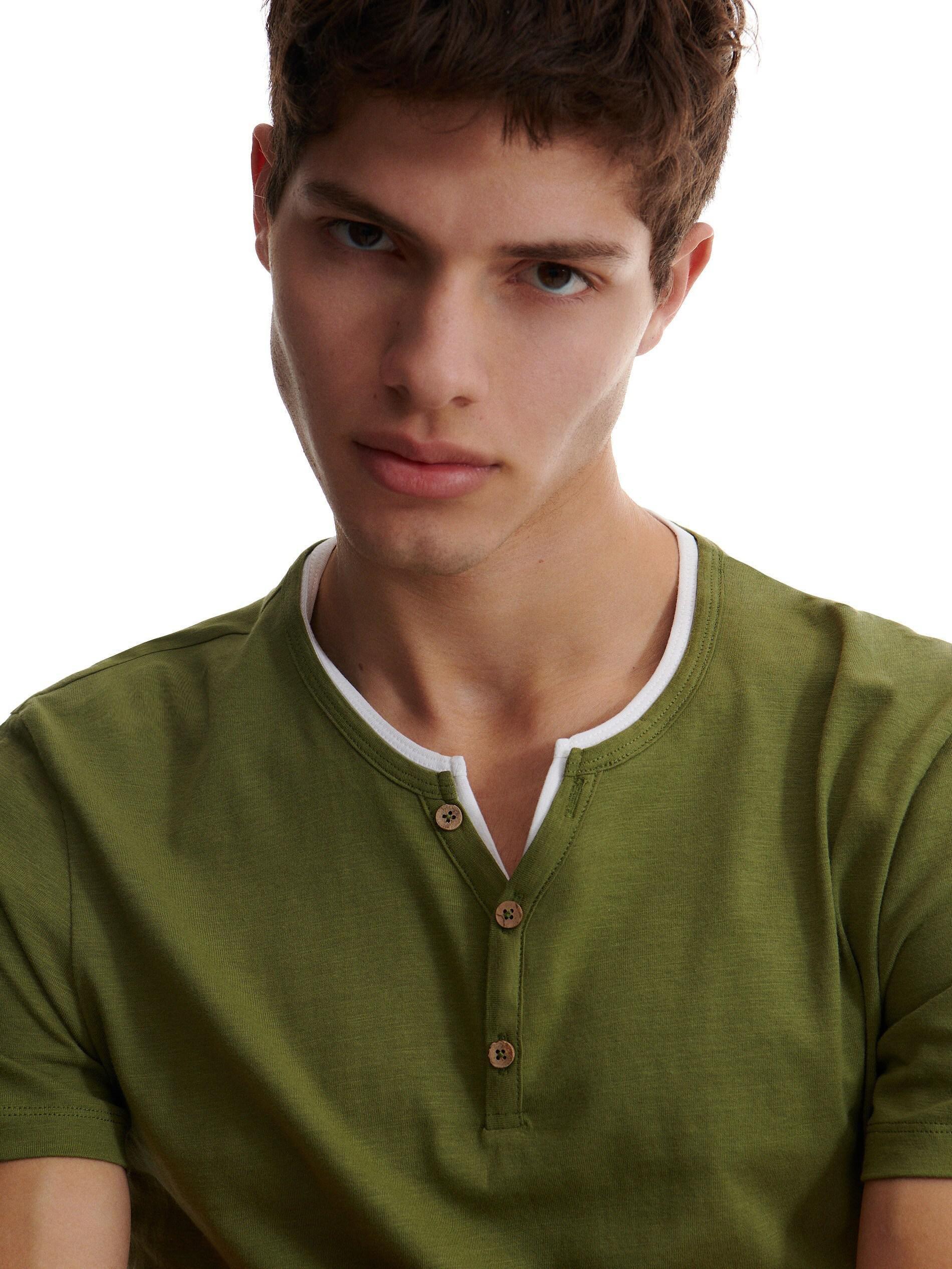 Light Olive Slim Fit T-Shirt With Button-Fastened Neck, , large image number 0