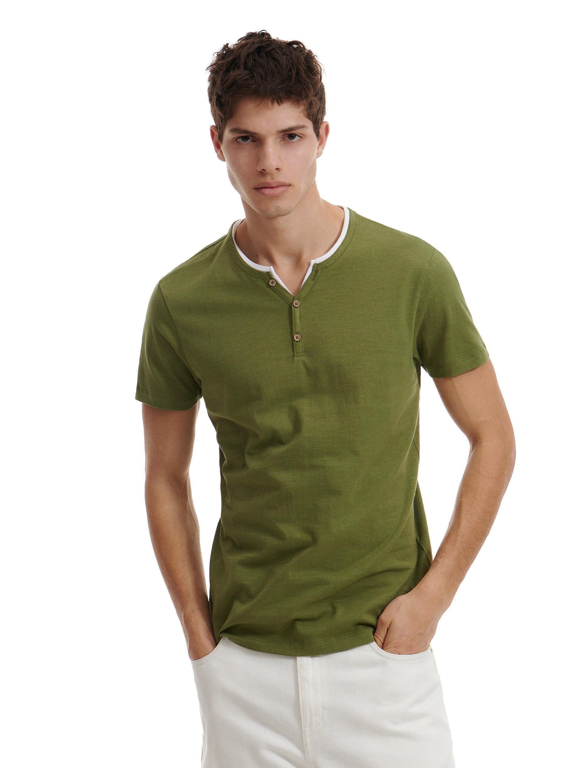 Light Olive Slim Fit T-Shirt With Button-Fastened Neck, , large image number 1