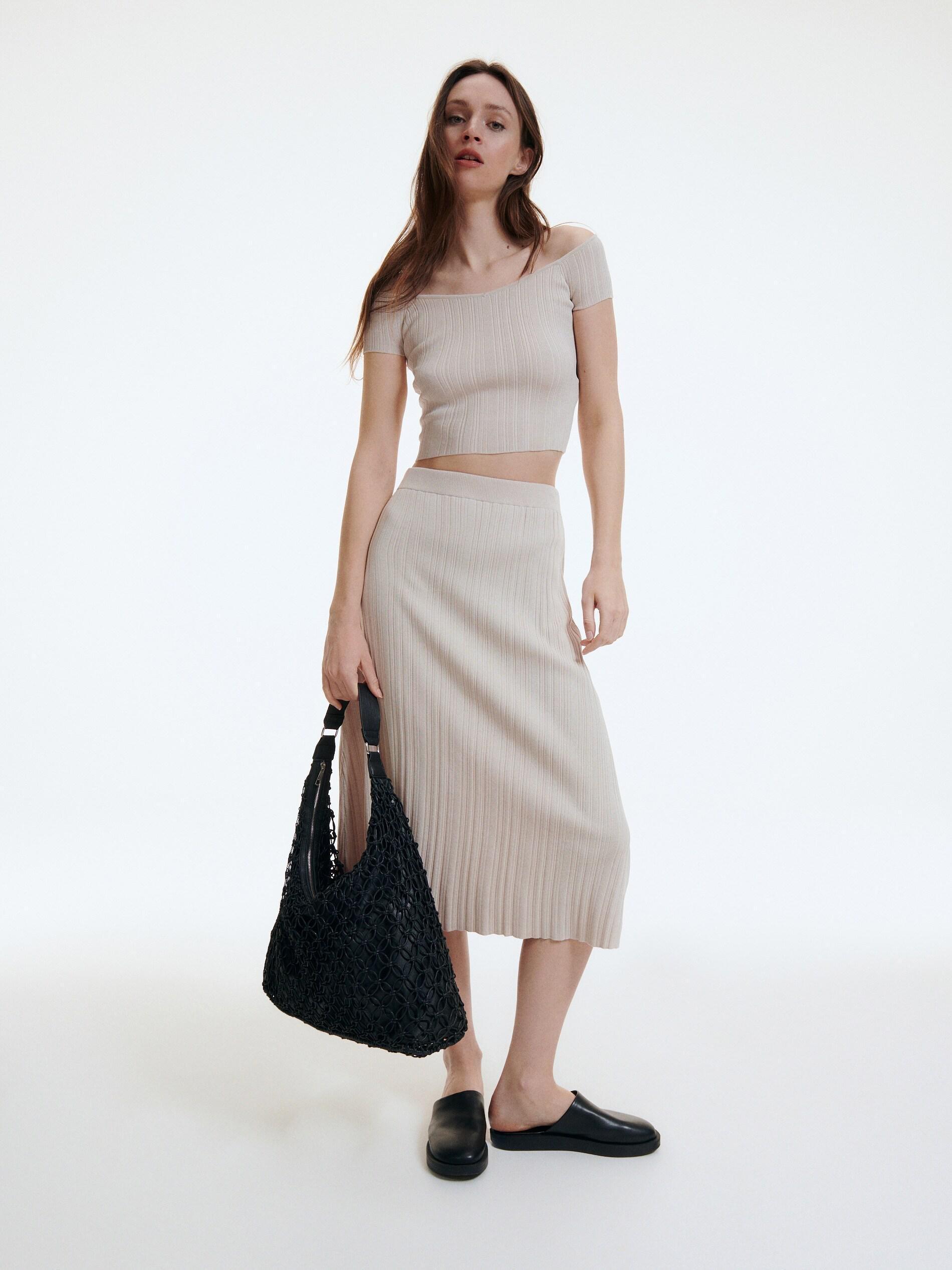 Beige Knitted Midi Skirt, , large image number 0