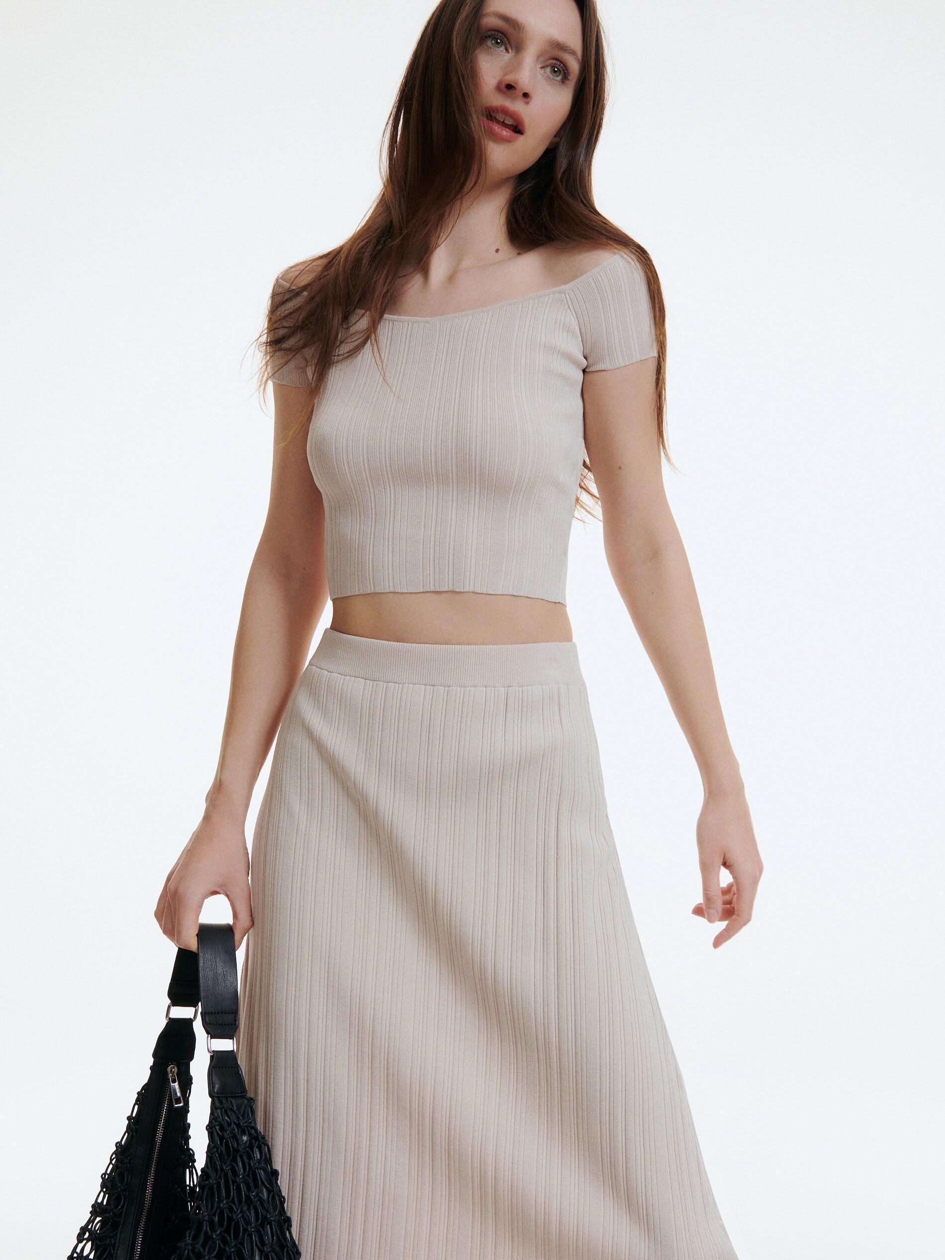 Beige Knitted Midi Skirt, , large image number 1