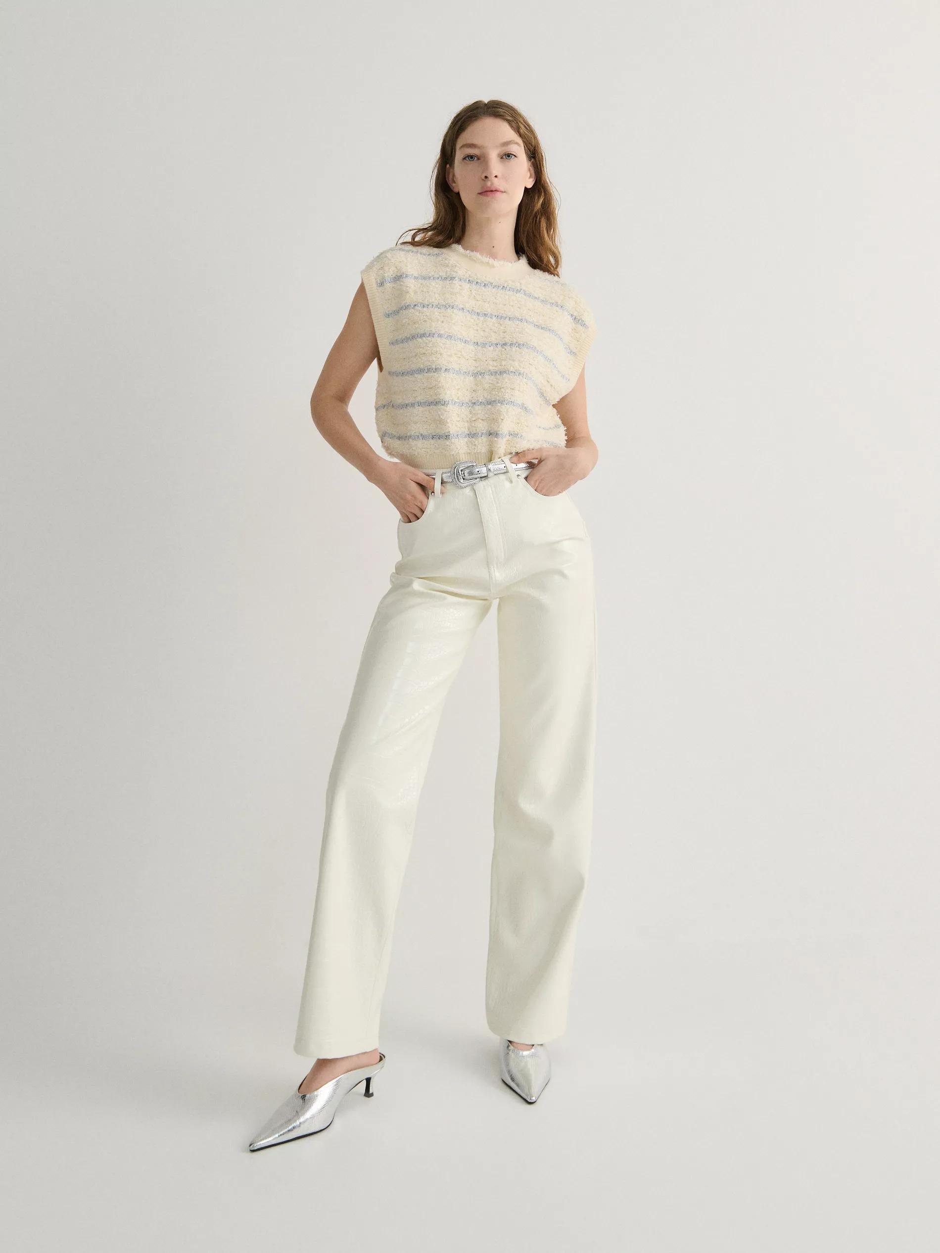 Cream Faux Leather Trousers, , large image number 1