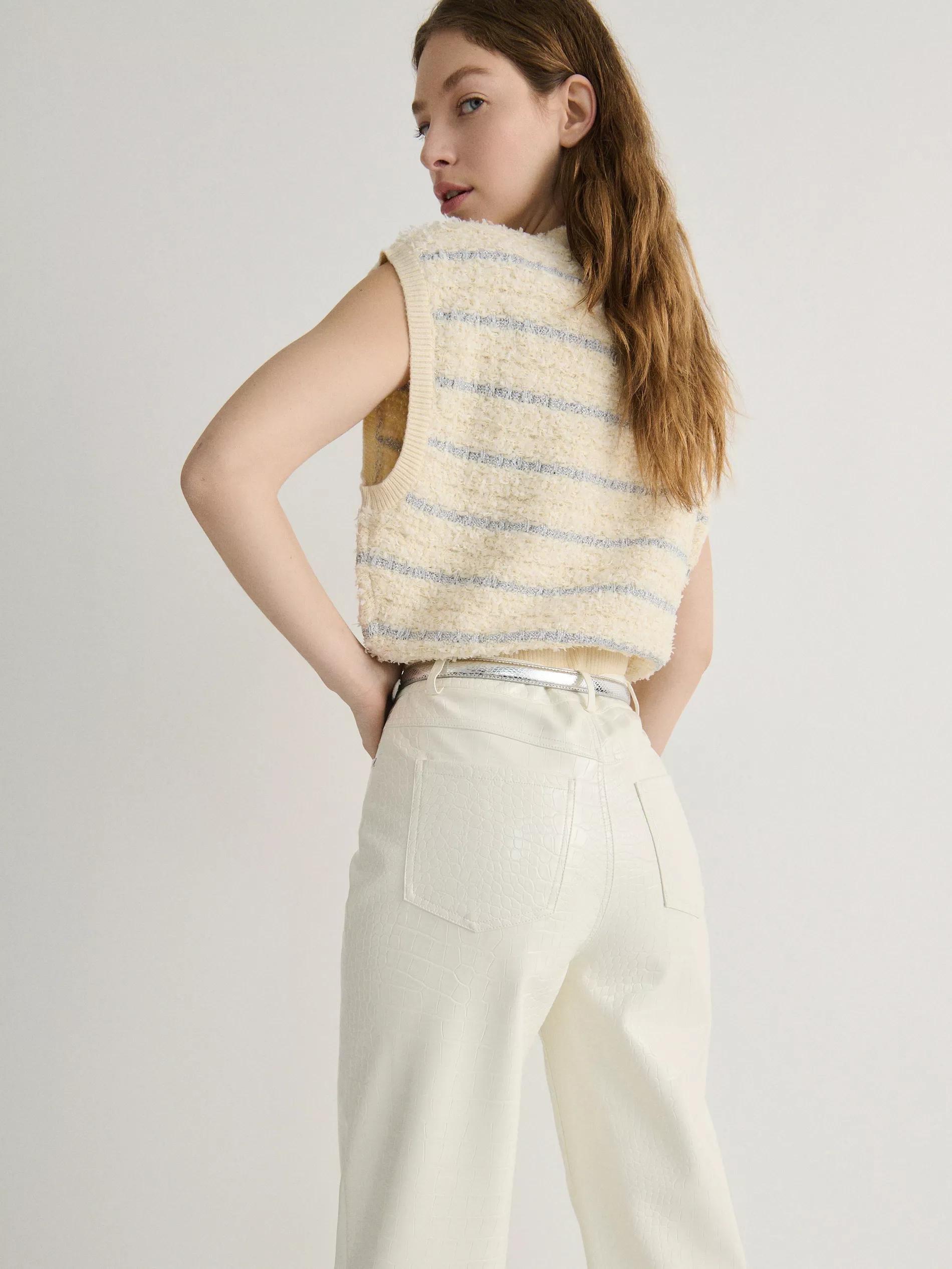 Cream Faux Leather Trousers, , large image number 2