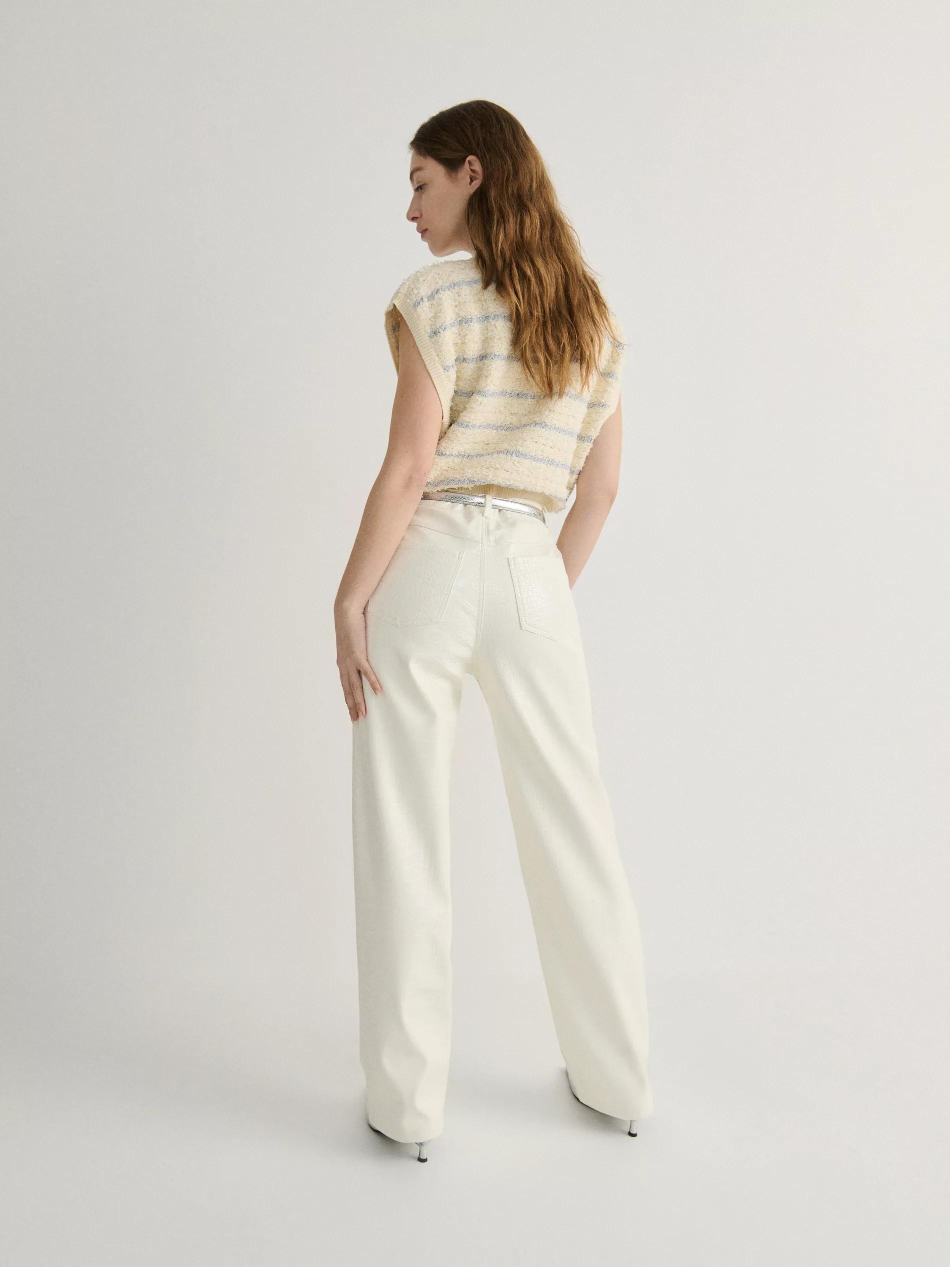 Cream Faux Leather Trousers, , large image number 3