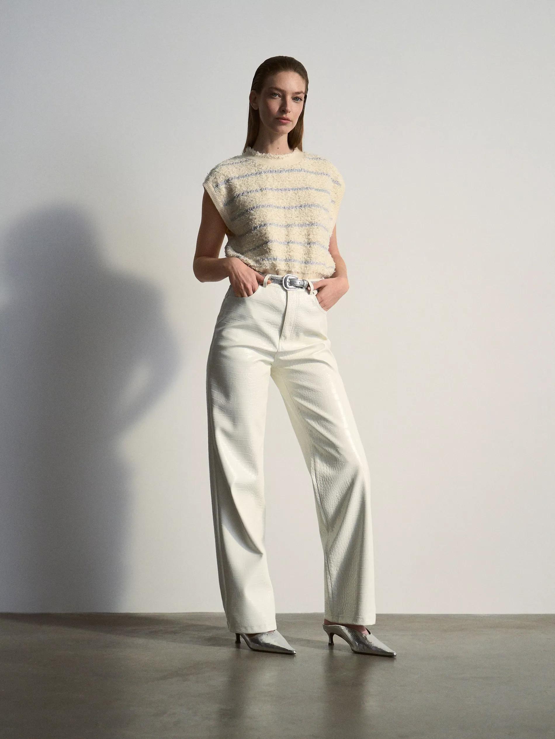 Cream Faux Leather Trousers, , large image number 4
