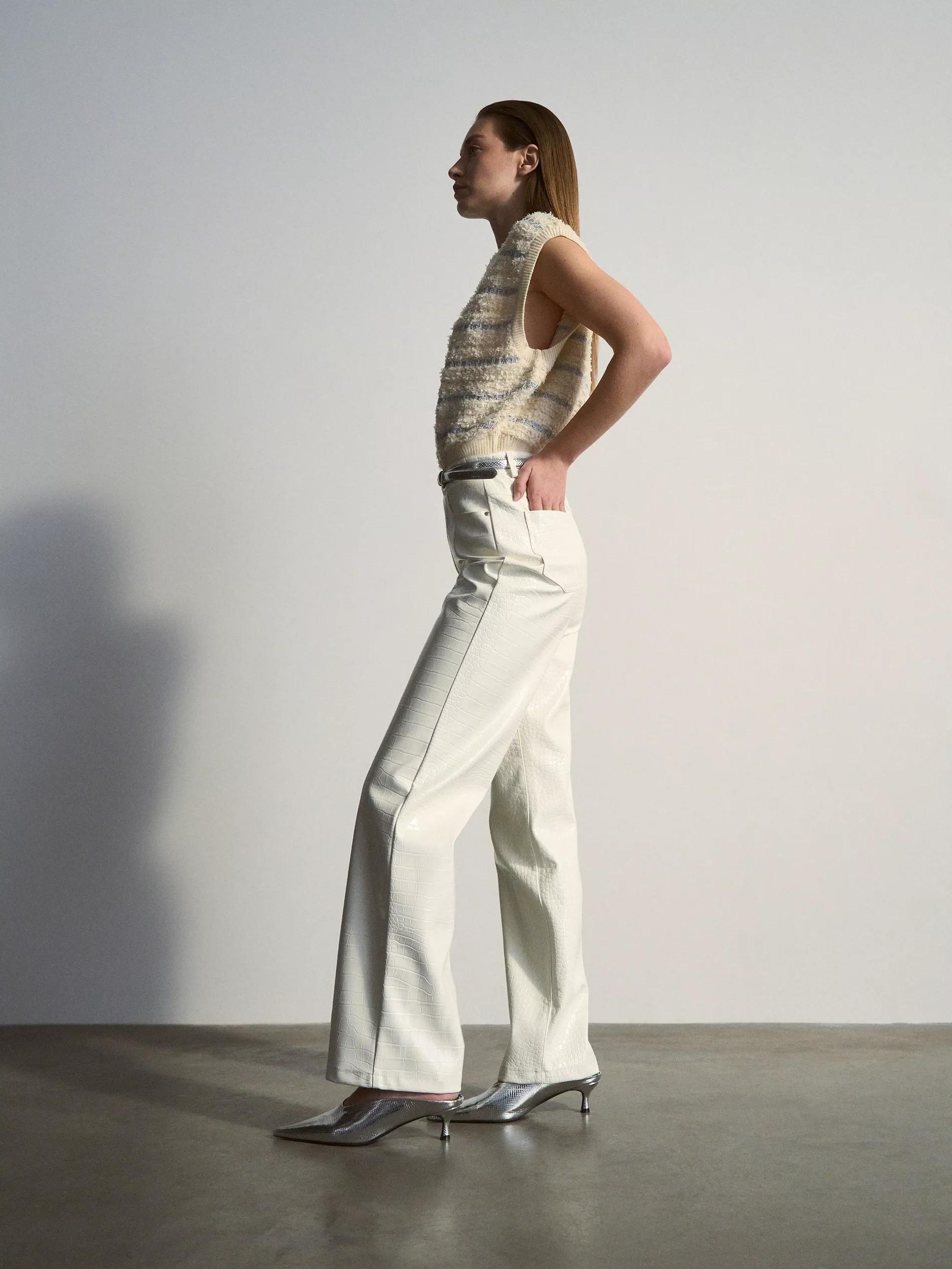 Cream Faux Leather Trousers, , large image number 5