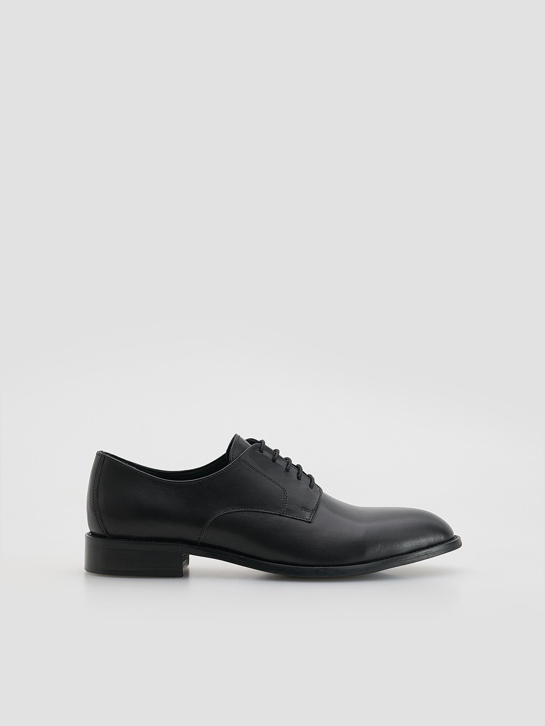 Black Leather Derby Shoes, Black, medium