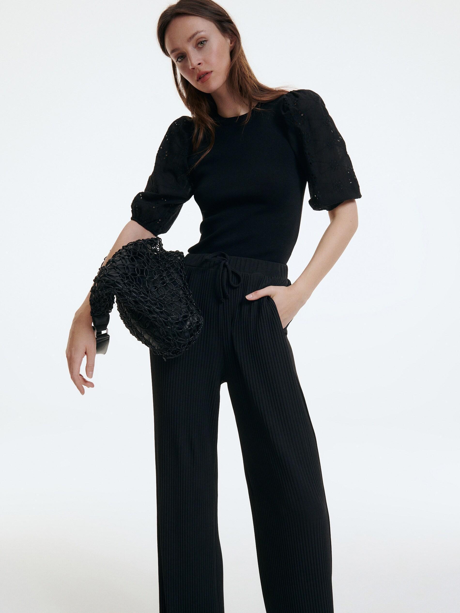 Black Blouse With Broderie Anglaise Sleeves, , large image number 0