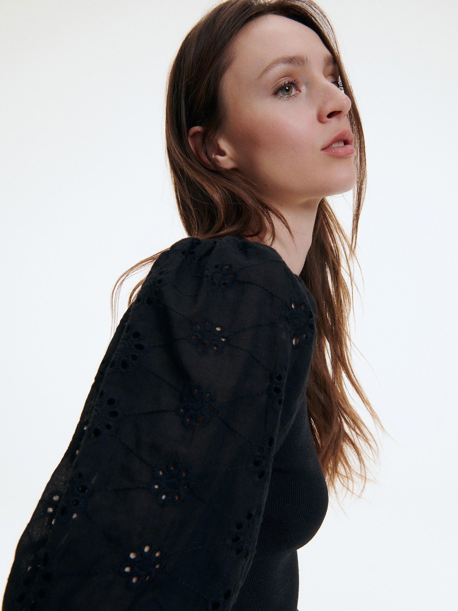 Black Blouse With Broderie Anglaise Sleeves, , large image number 1