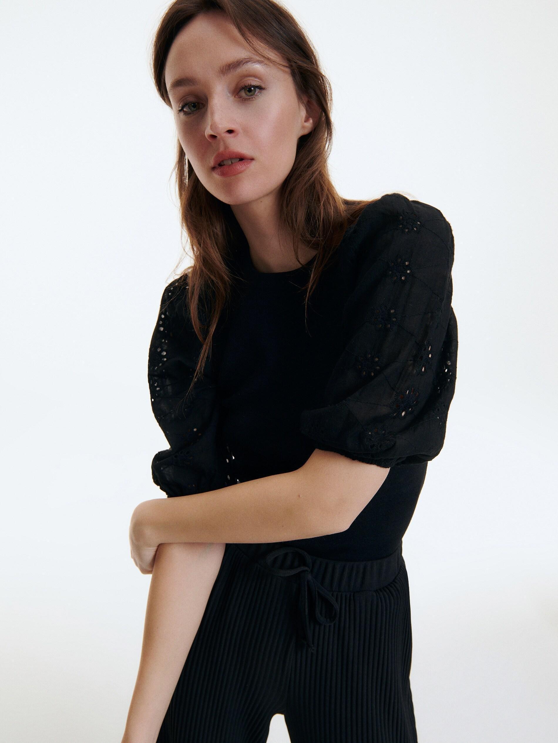 Black Blouse With Broderie Anglaise Sleeves, , large image number 3
