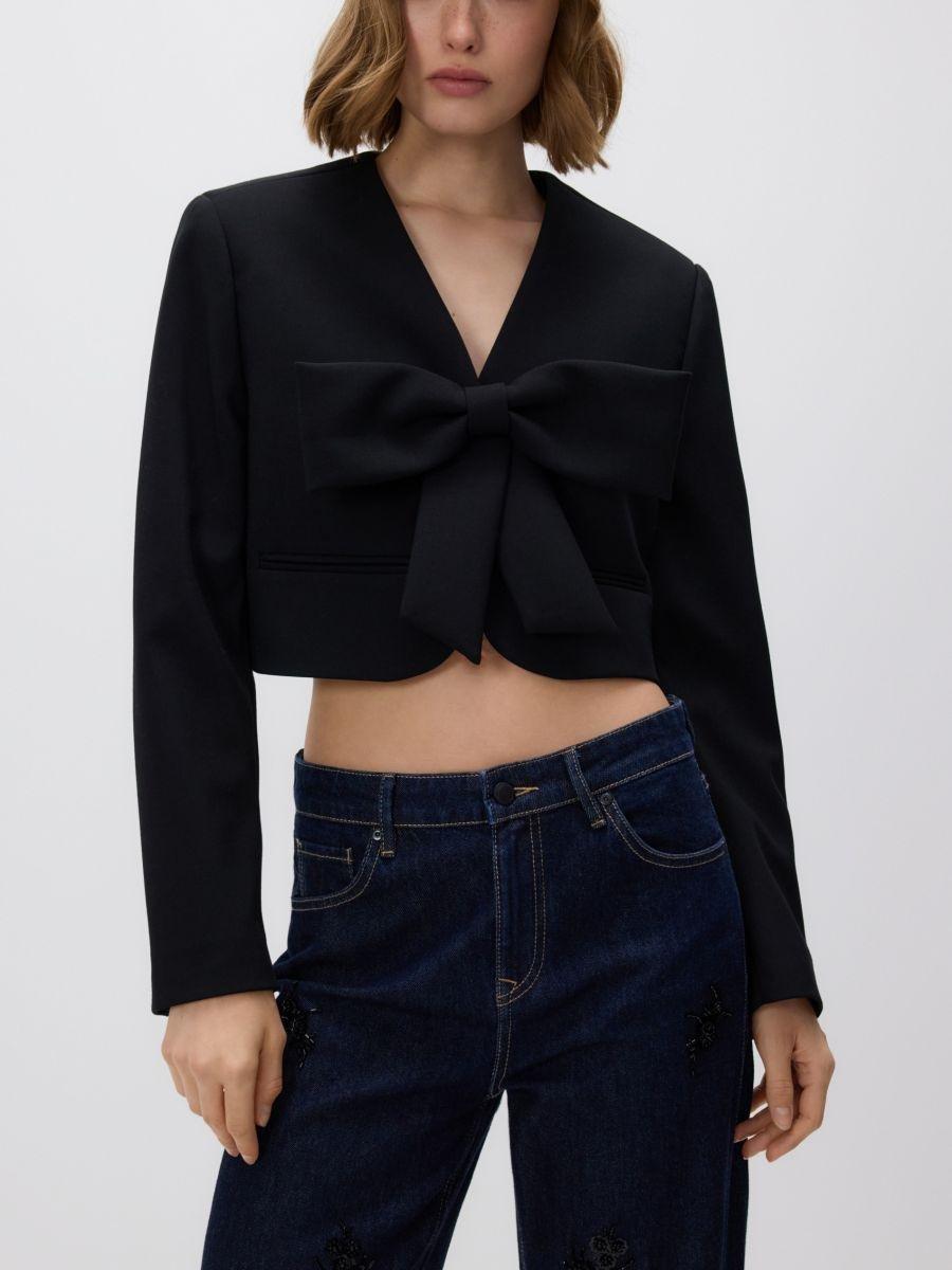Black Cropped Blazer With Bow Detail, Black, large image number 0