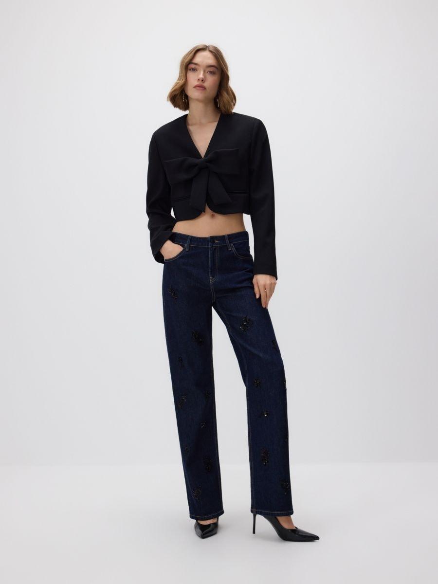 Black Cropped Blazer With Bow Detail, Black, large image number 2