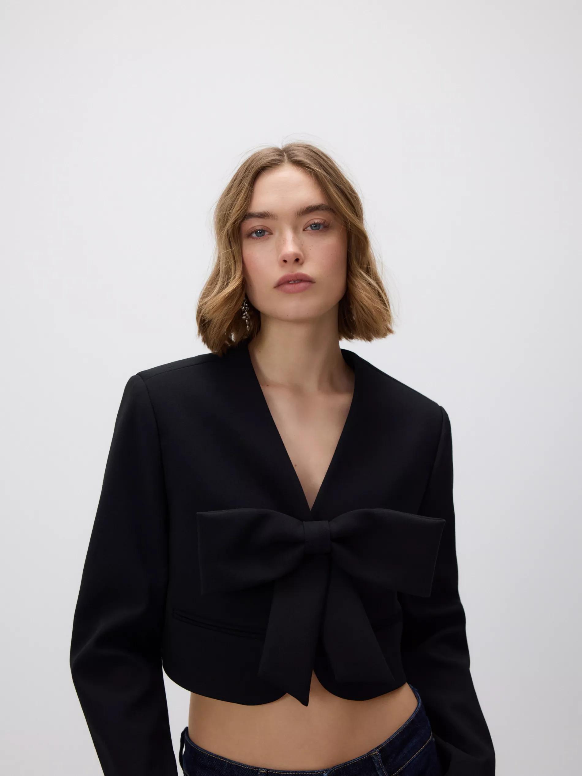 Black Cropped Blazer With Bow Detail, Black, large image number 3