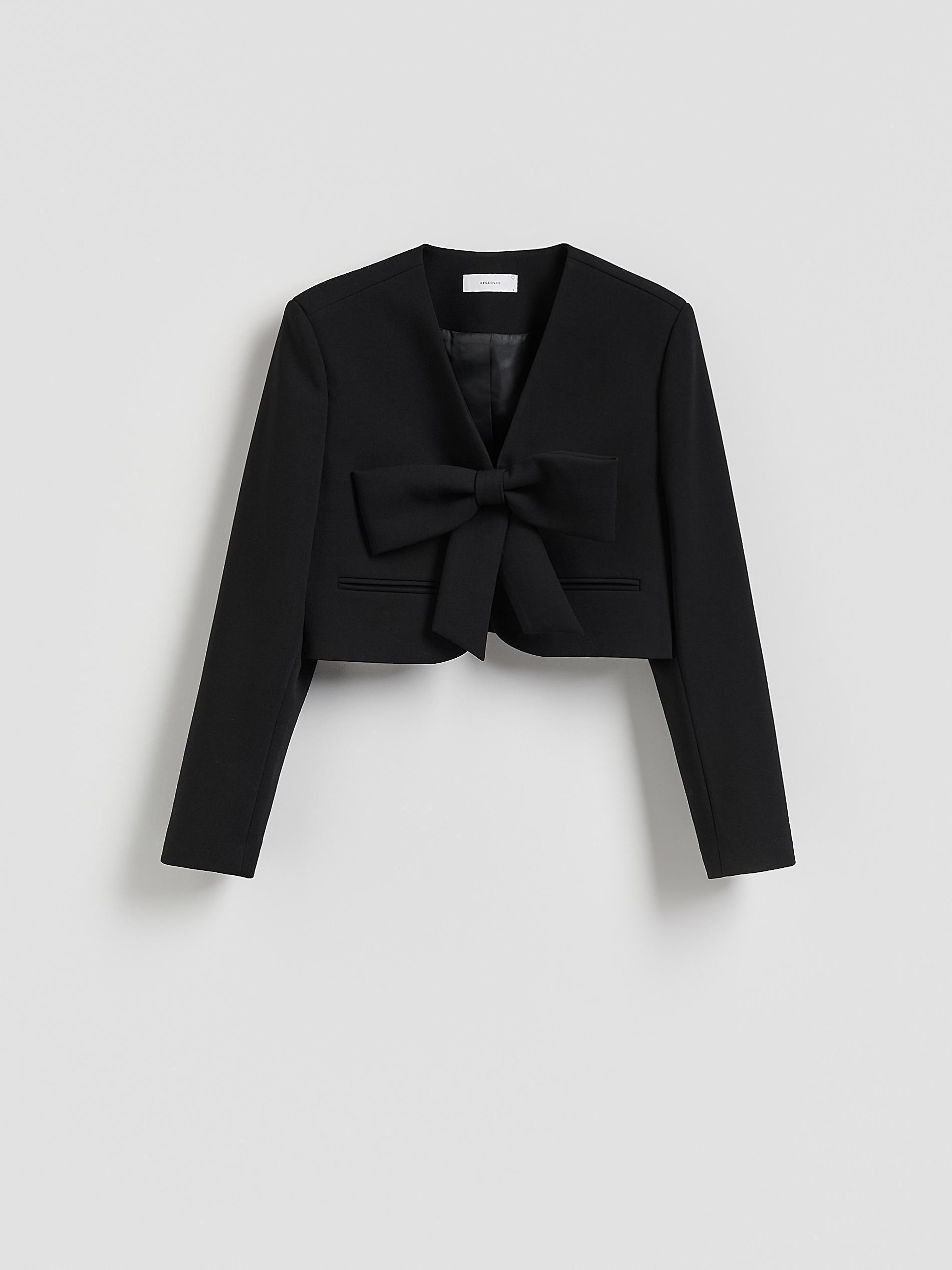 Black Cropped Blazer With Bow Detail, Black, large image number 4