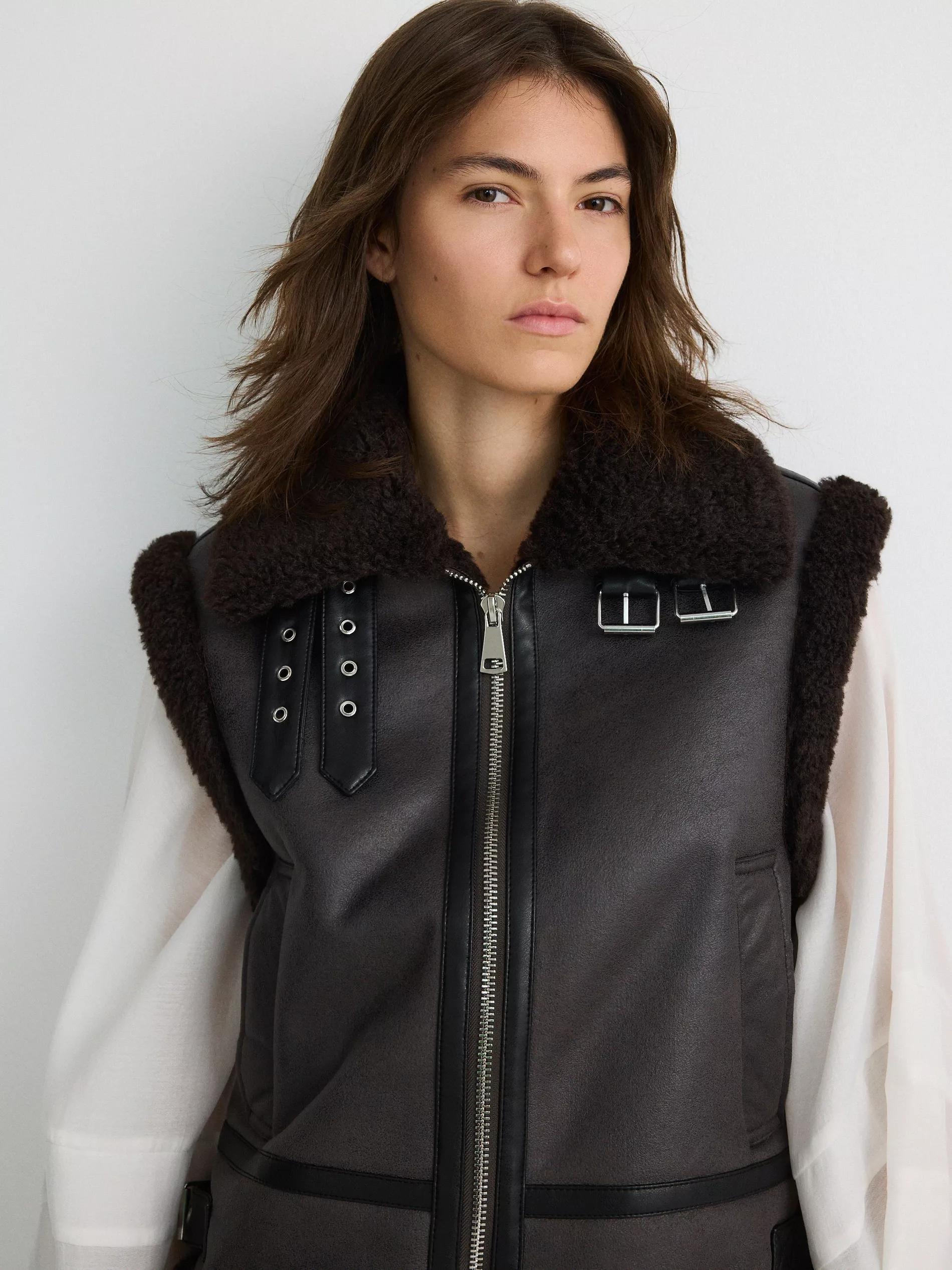 Brown Vest With Faux Lamb Fur Details, , large image number 0