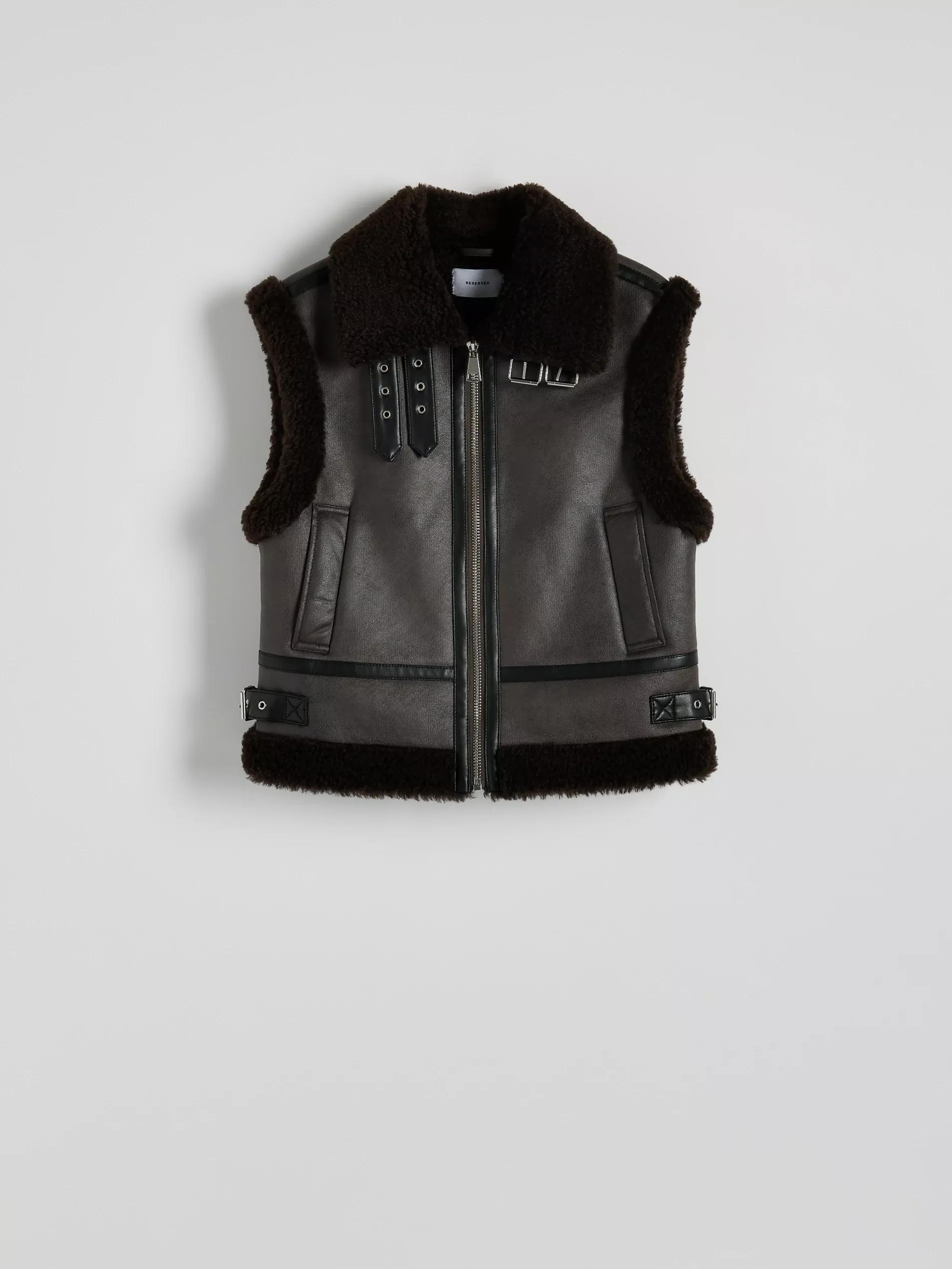 Brown Vest With Faux Lamb Fur Details, , large image number 4