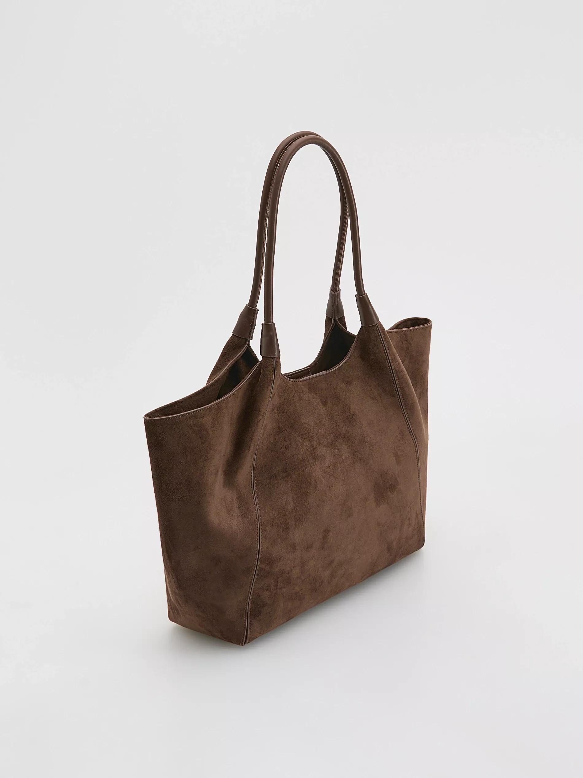 Brown Faux Suede Shopper Bag, Brown, large image number 1