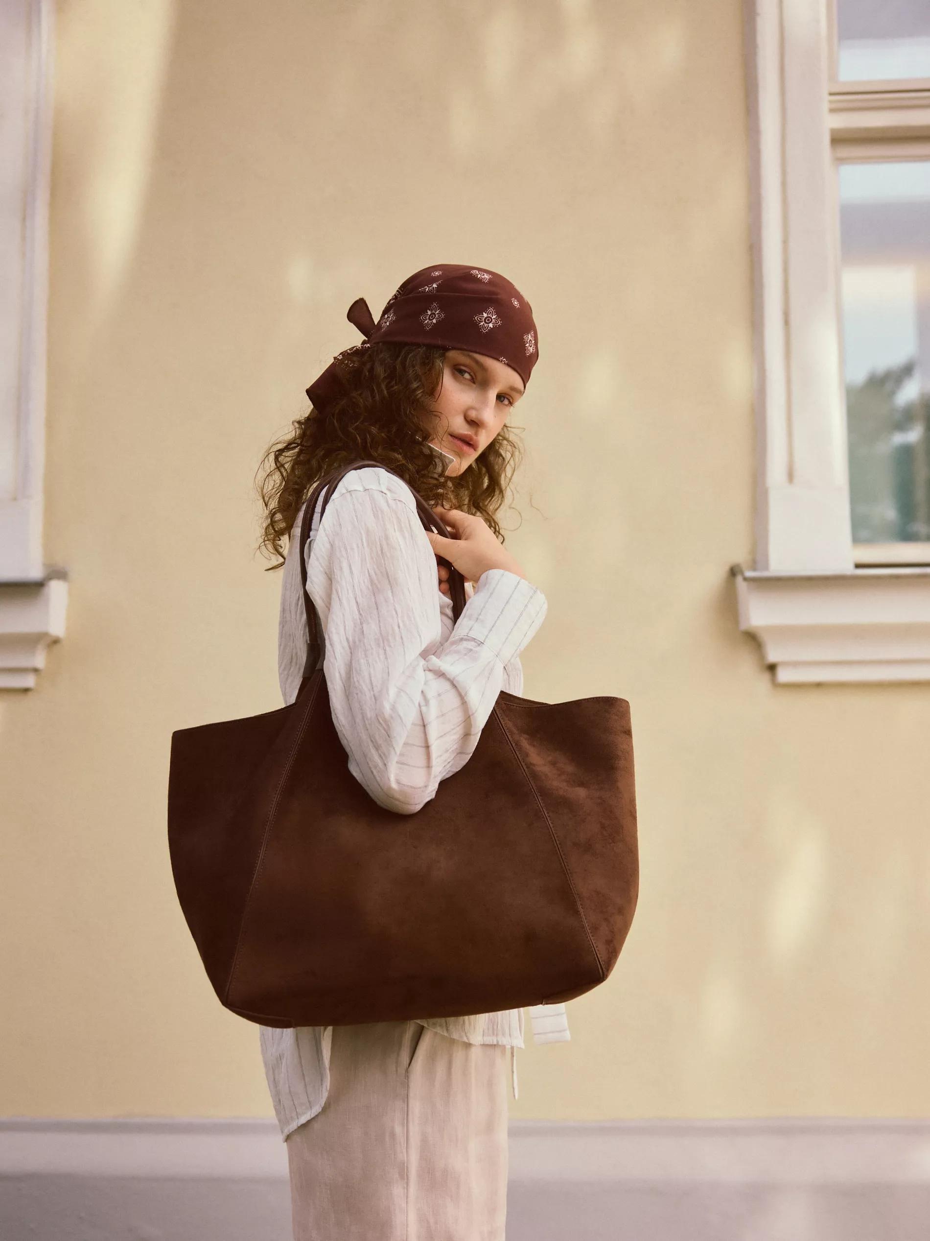 Brown Faux Suede Shopper Bag, Brown, large image number 4