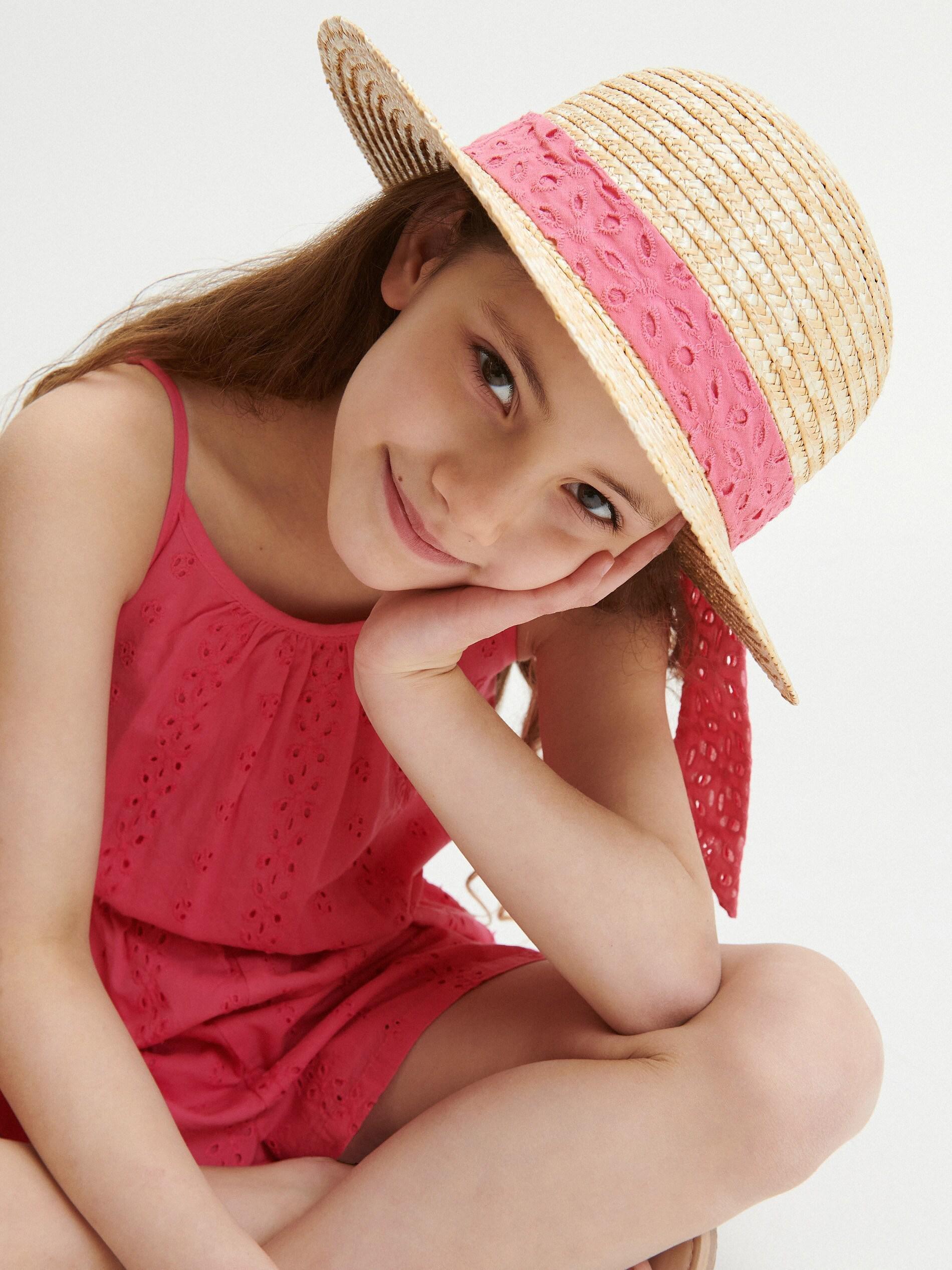 Beige Woven Ribbon Detail Straw Hat, Unisex Kids, , large image number 0
