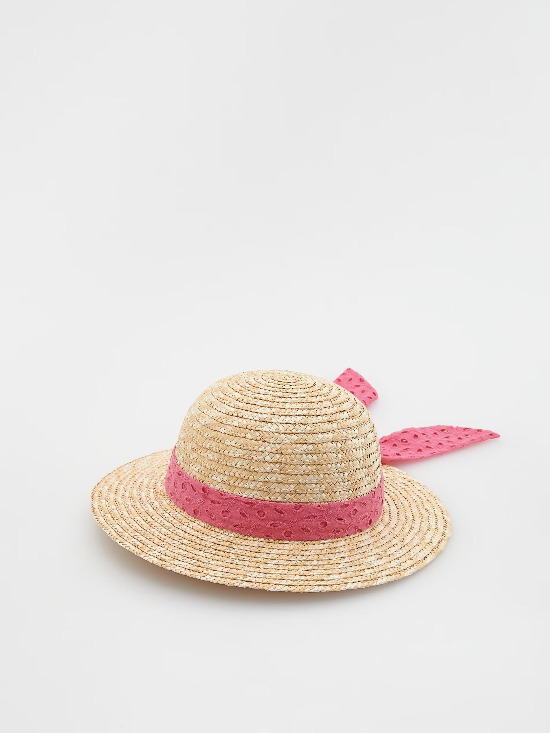 Beige Woven Ribbon Detail Straw Hat, Unisex Kids, , large image number 1