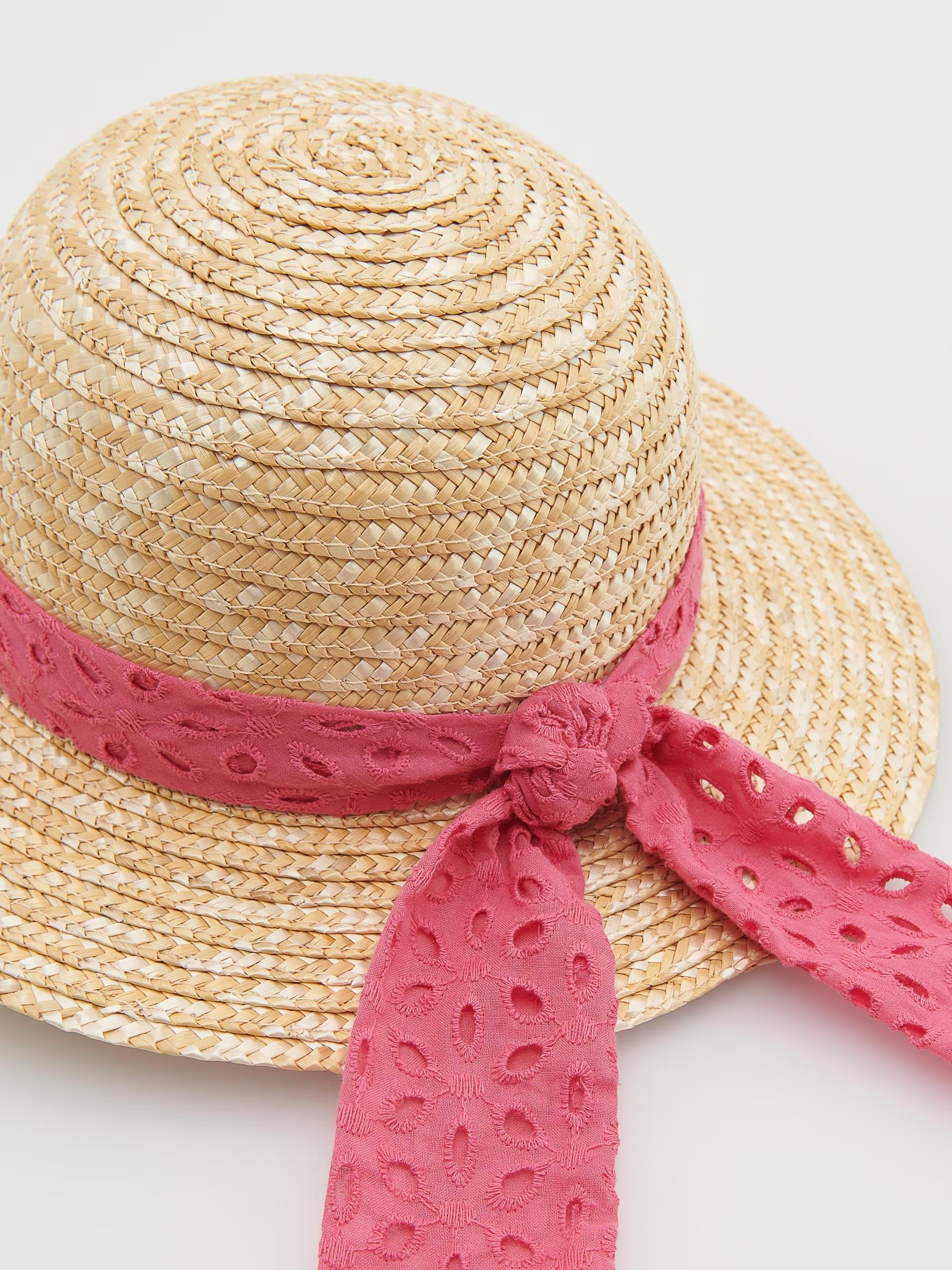 Beige Woven Ribbon Detail Straw Hat, Unisex Kids, , large image number 2