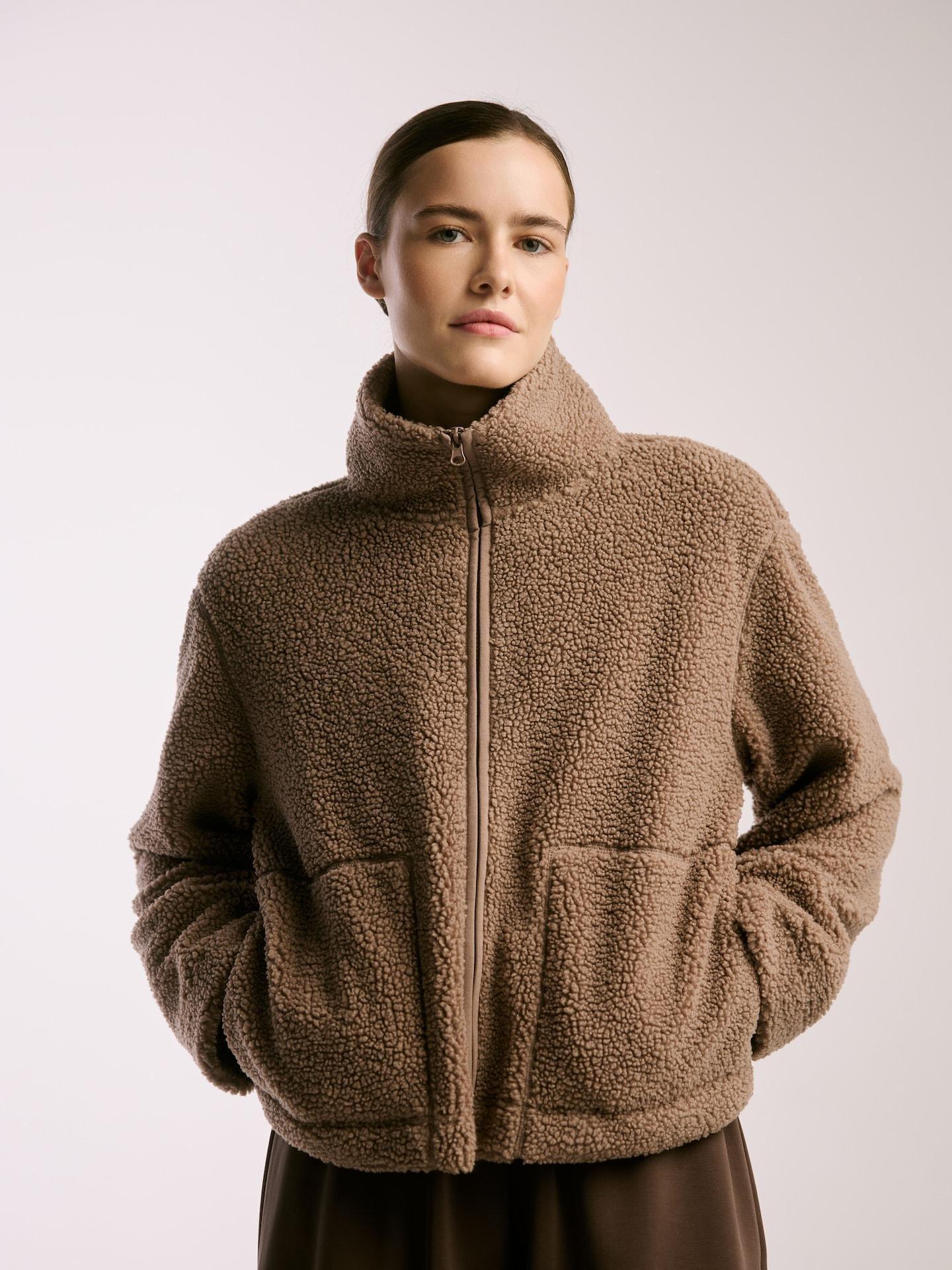 Beige Sherpa Sweatshirt With Stand Up Collar, Beige, medium