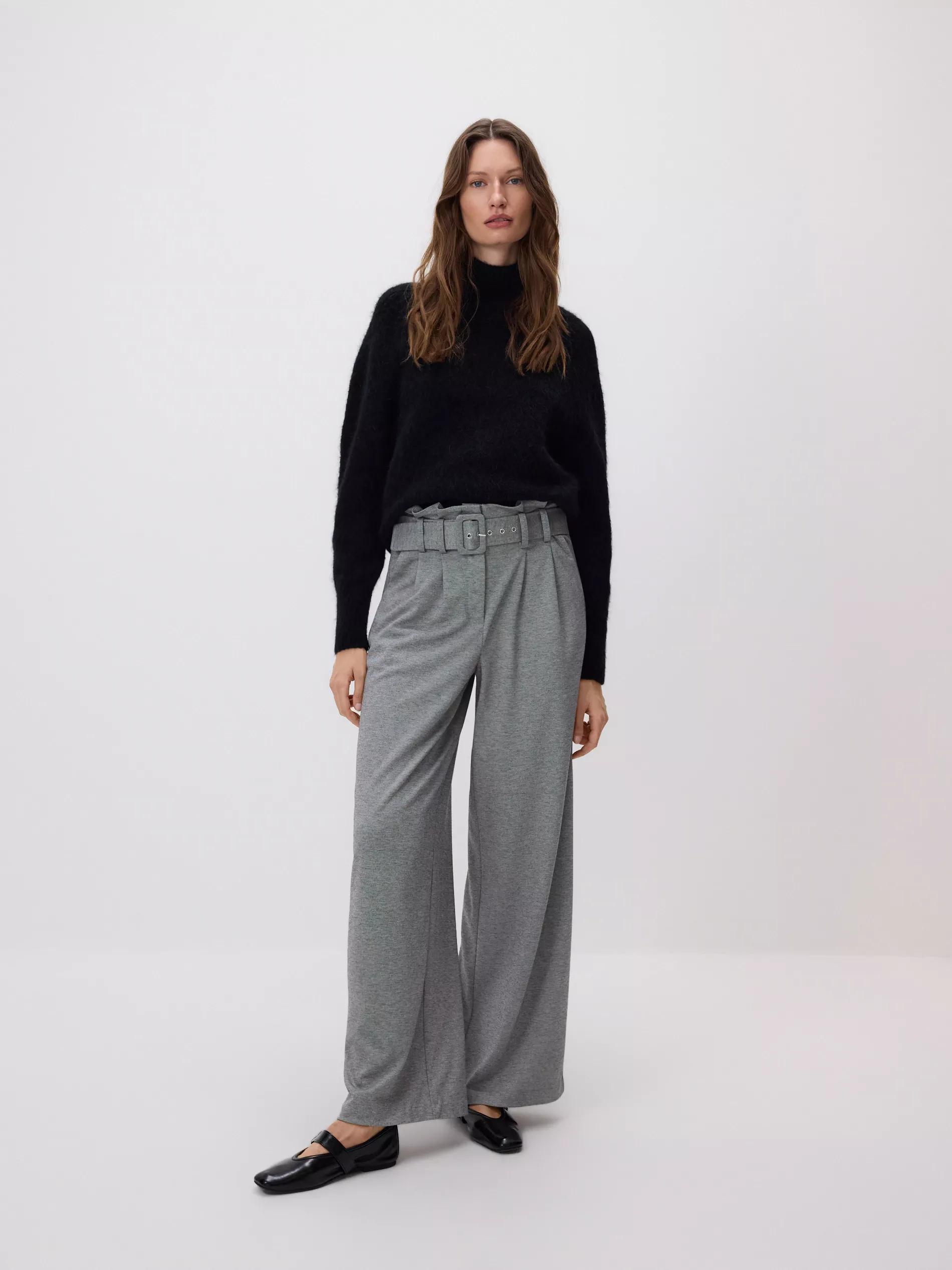 Grey Wide Leg Trousers With Belt, Light grey, large image number 0