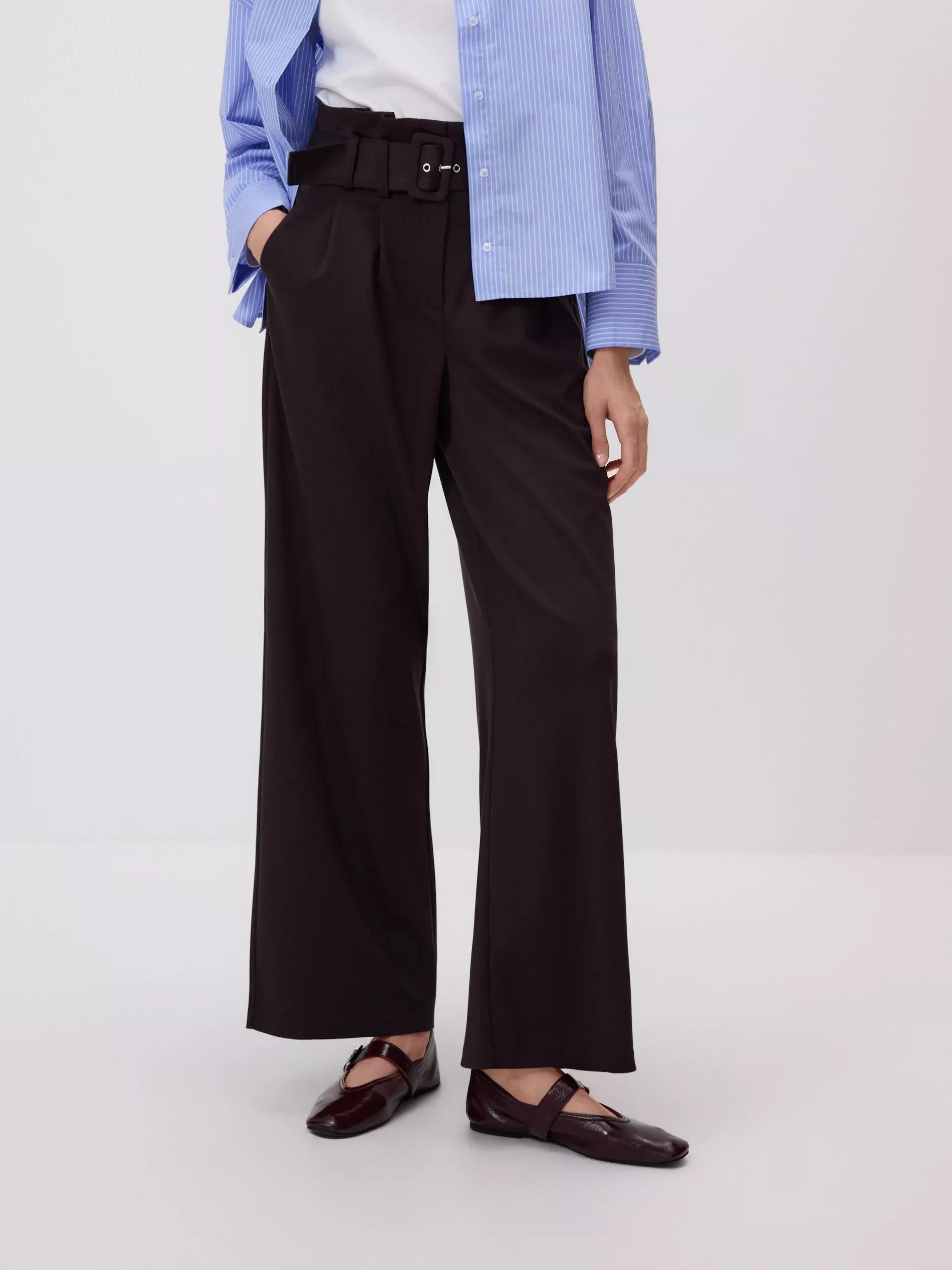 Brown Wide Leg Trousers With Belt, Brown, large image number 0